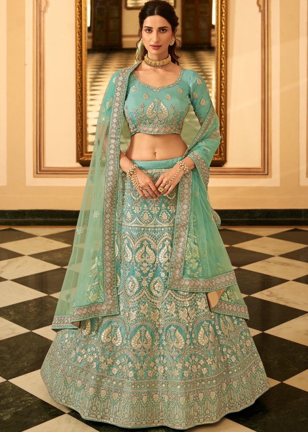 Turquoise Blue Organza Lehenga Choli with Zari, Dori, Resham, Gota & Zarkan work | Ready To Wear - qivii