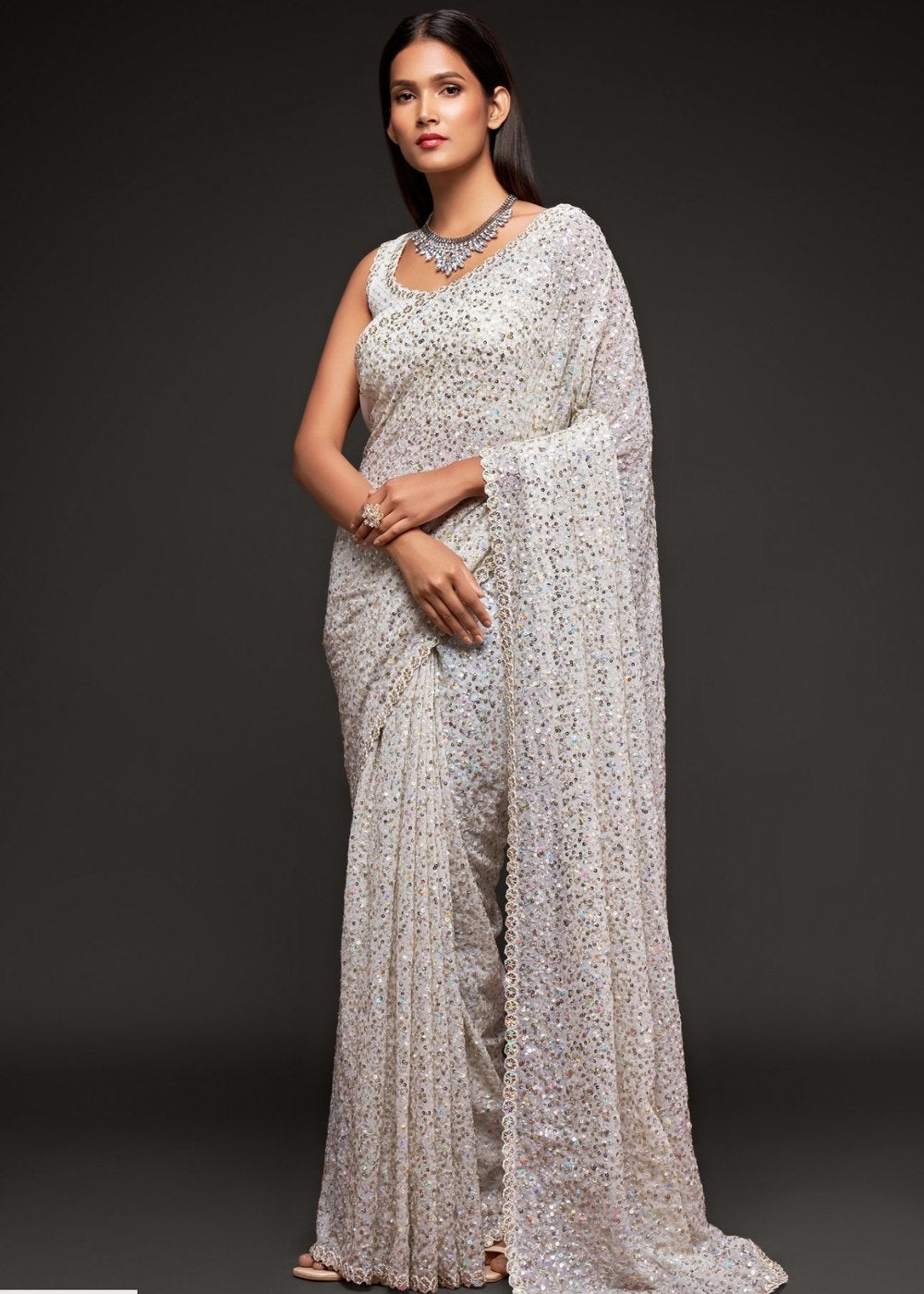 Pearl White Sequins & Thread Embroidered Designer Georgette Saree - qivii