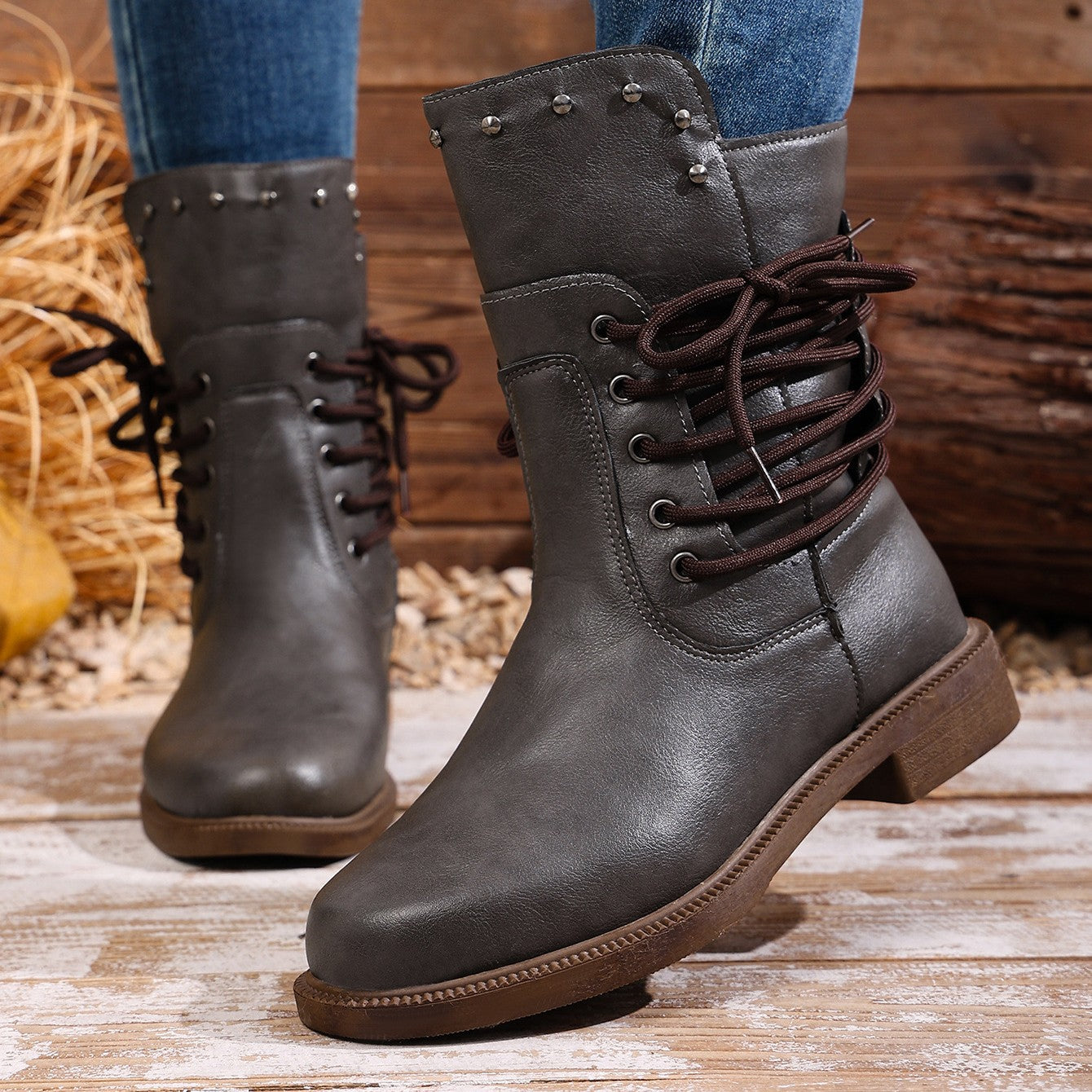 Women's Rivet Roma Boots - Side Lace Chunky Heel Mid Calf Boots (US 4-10.5)