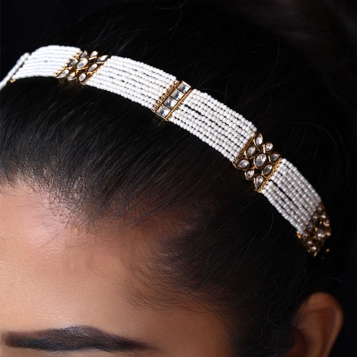 Shilpa White Pearls Gold Plated Kundan Sheesh Phool - qivii