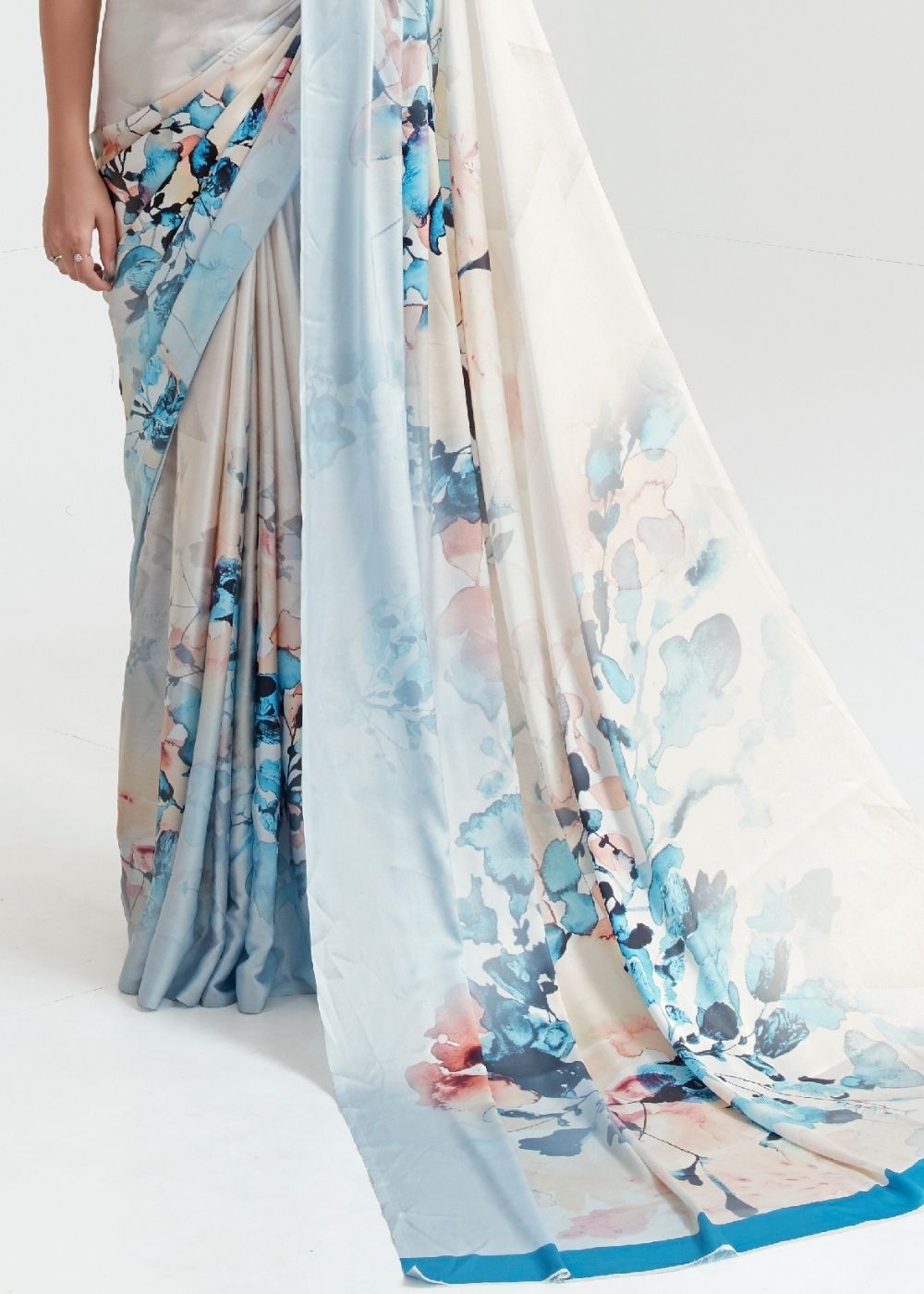Pearl White & Blue Satin Silk Digital Printed Saree - qivii