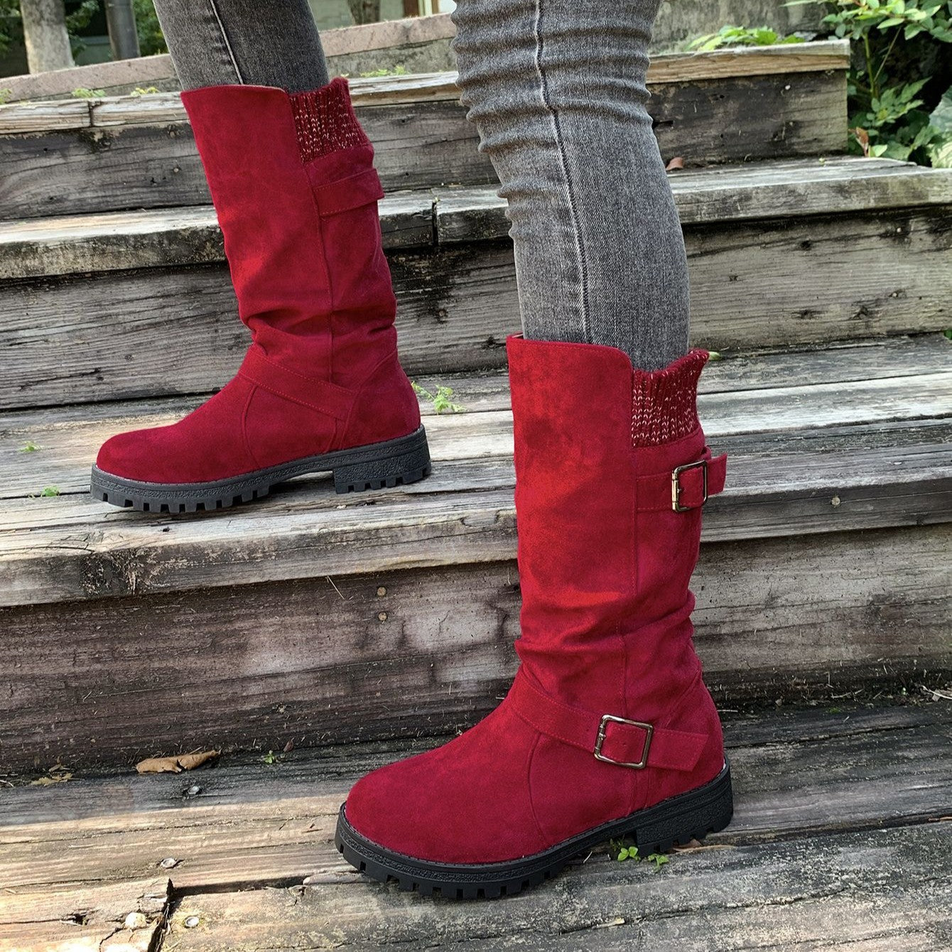 Women’s RanchWrap Buckle Mid-Calf Suede Boots – Knit Cuff Western-Style Slouchy Shoes (US 5–10.5)