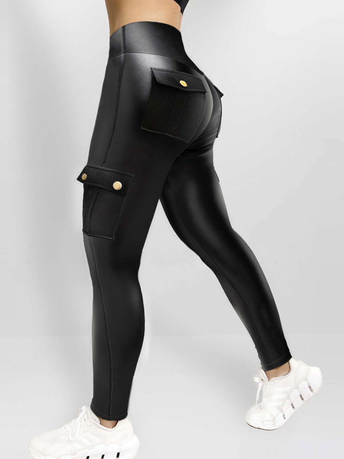 Women's Leather Pants High Waist Cargo Pockets Stretch Leather Leggings - By Qivii