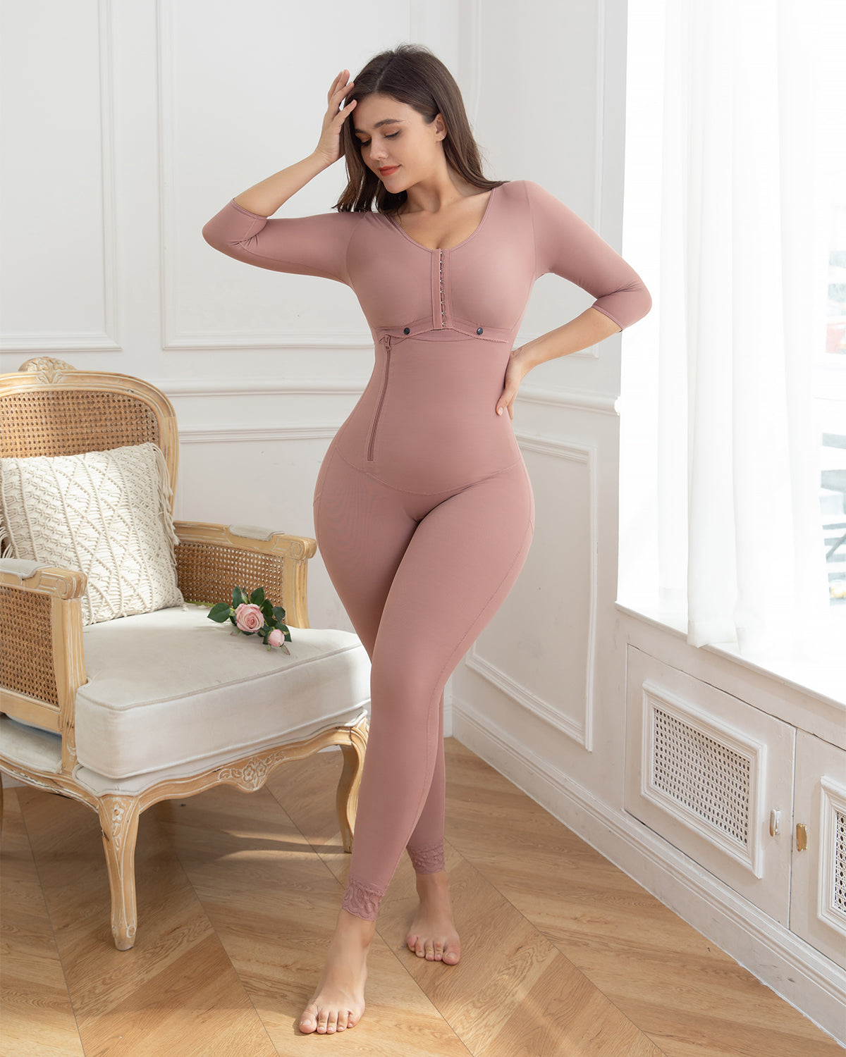 Shapshe® Rosybrown Long Sleeves Full Bust Slimming Firm Full Body Shaper Shapewear