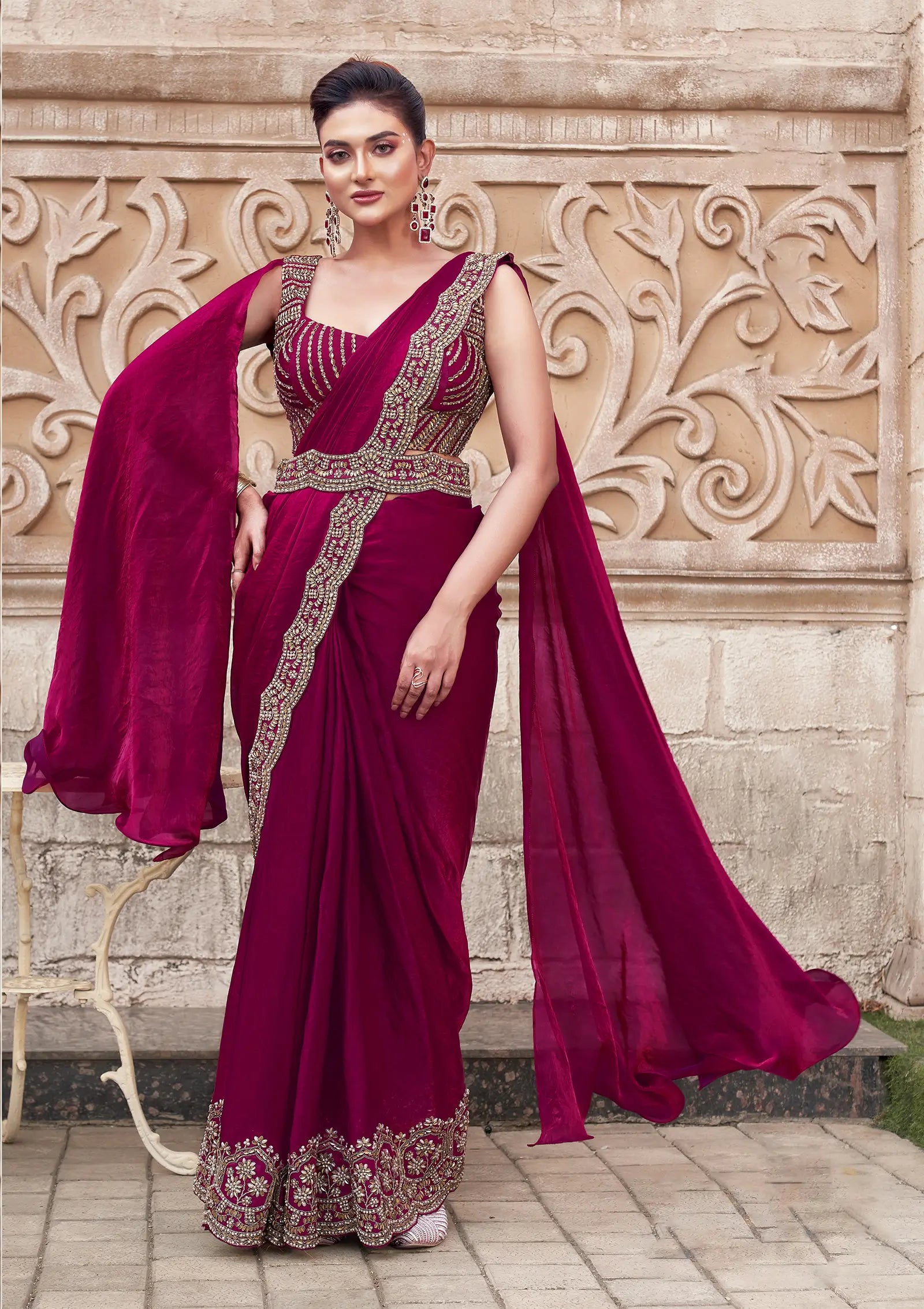 Cherry Red Pearl With Hand Work Ready To Wear Saree With Belt - qivii