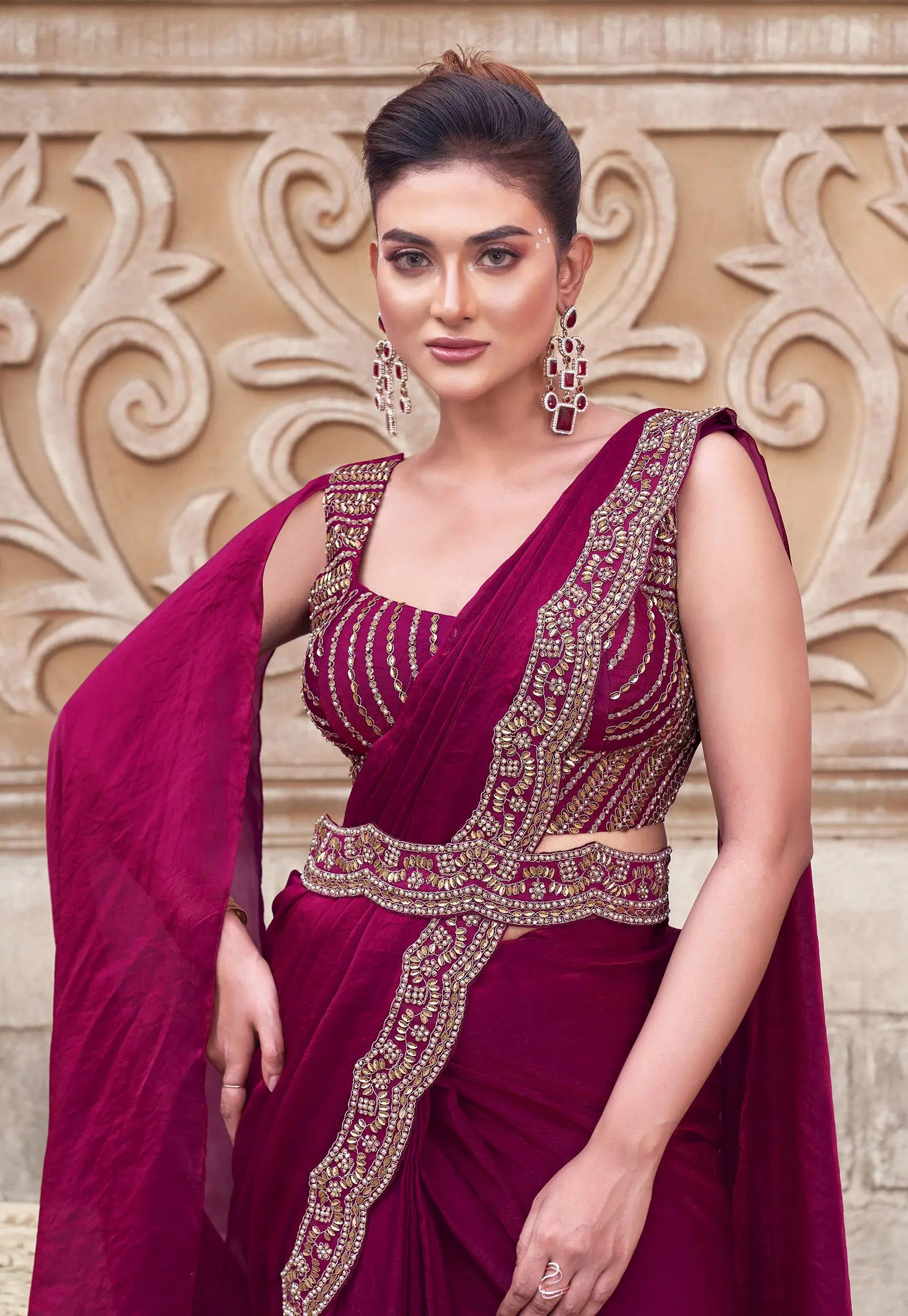 Cherry Red Pearl With Hand Work Ready To Wear Saree With Belt - qivii