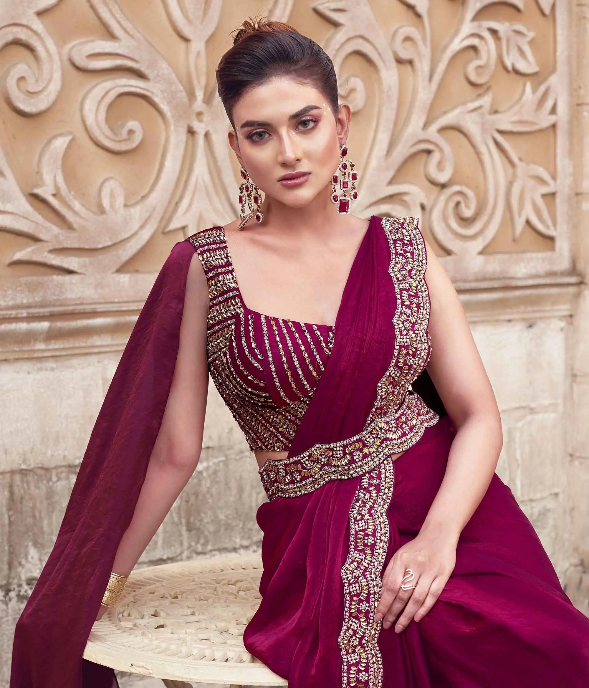 Cherry Red Pearl With Hand Work Ready To Wear Saree With Belt - qivii