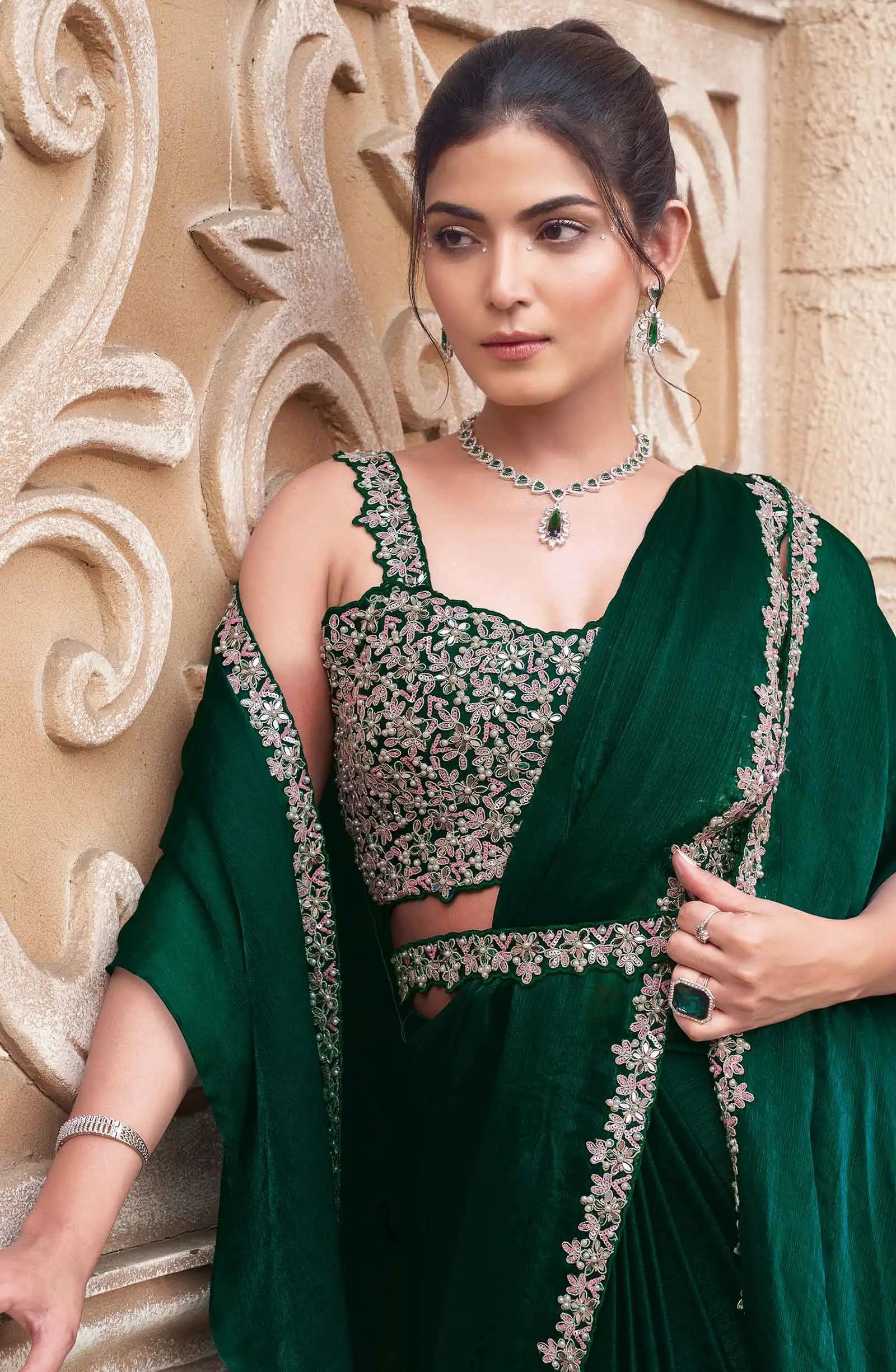Dark Green Sequins With Hand Work Ready To Wear Saree With Cap - qivii