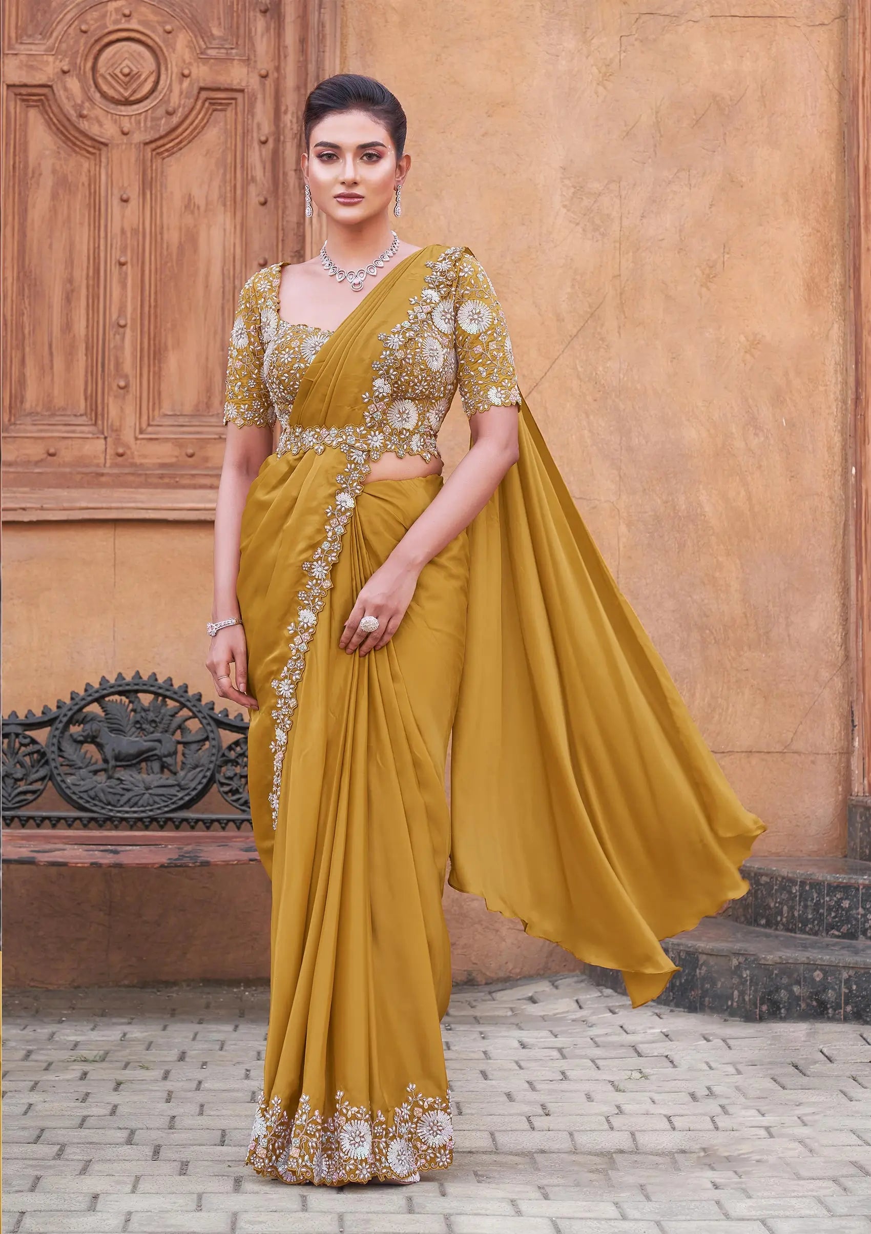 Yellowish Orange Pearl With Hand Work Ready To Wear Saree With Belt - qivii