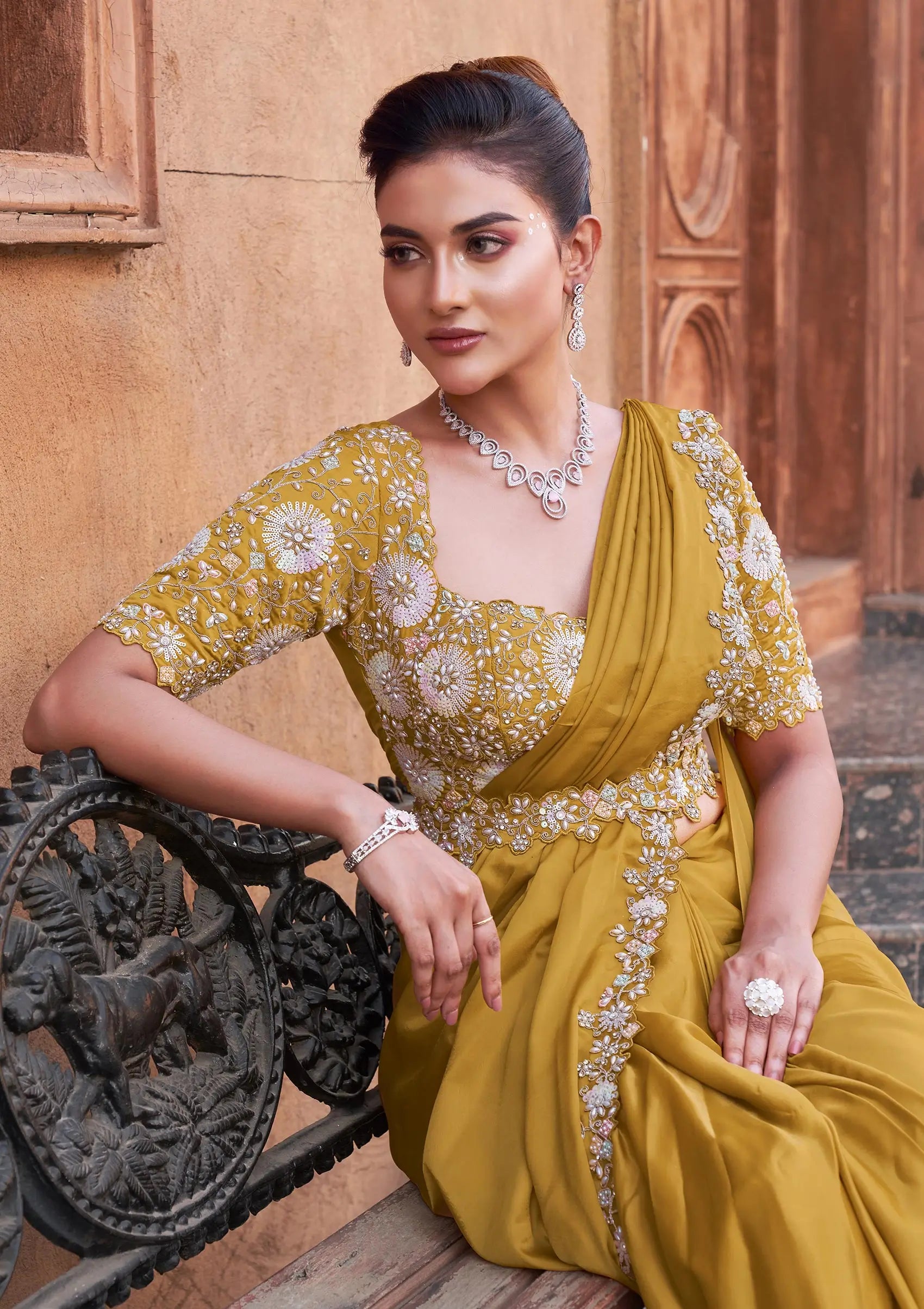 Yellowish Orange Pearl With Hand Work Ready To Wear Saree With Belt - qivii