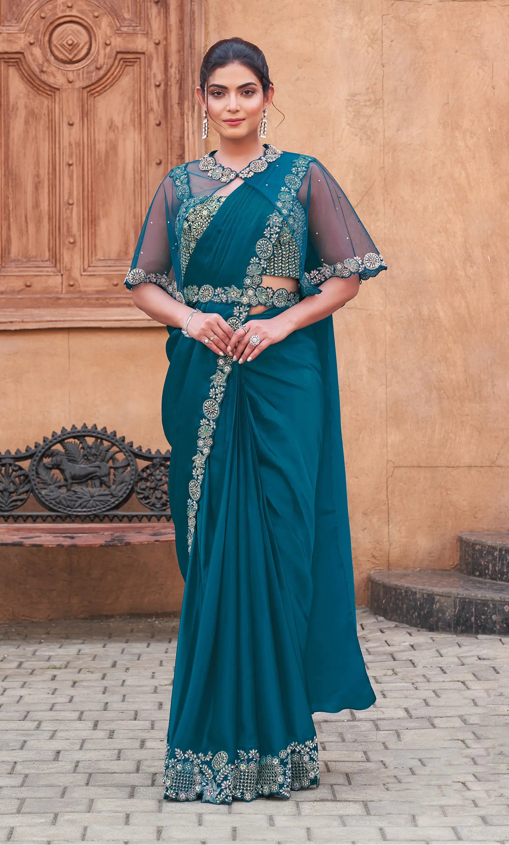 Teal Blue Duel Sequins With Hand Work Ready To Wear Saree With Poncho - qivii