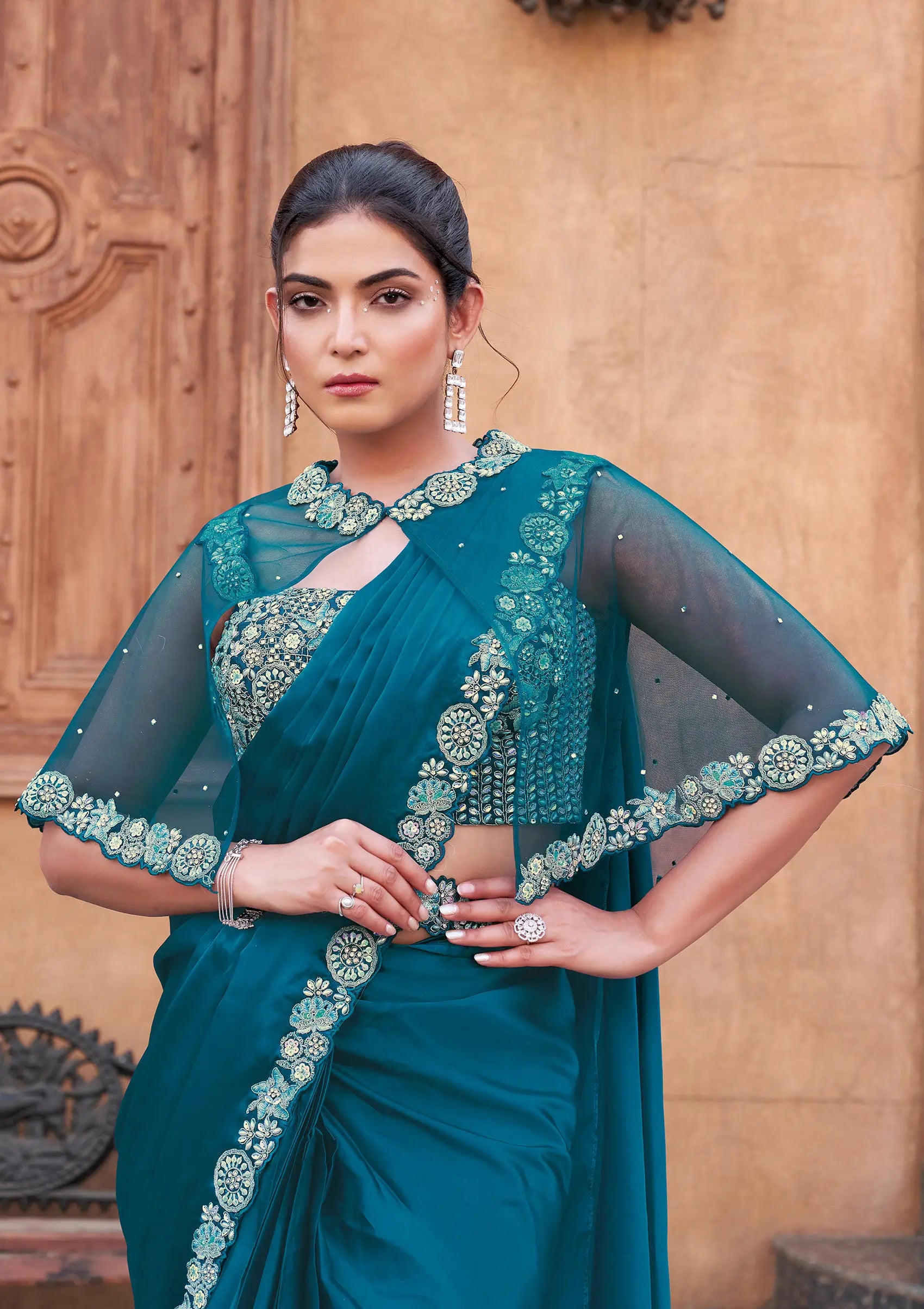 Teal Blue Duel Sequins With Hand Work Ready To Wear Saree With Poncho - qivii