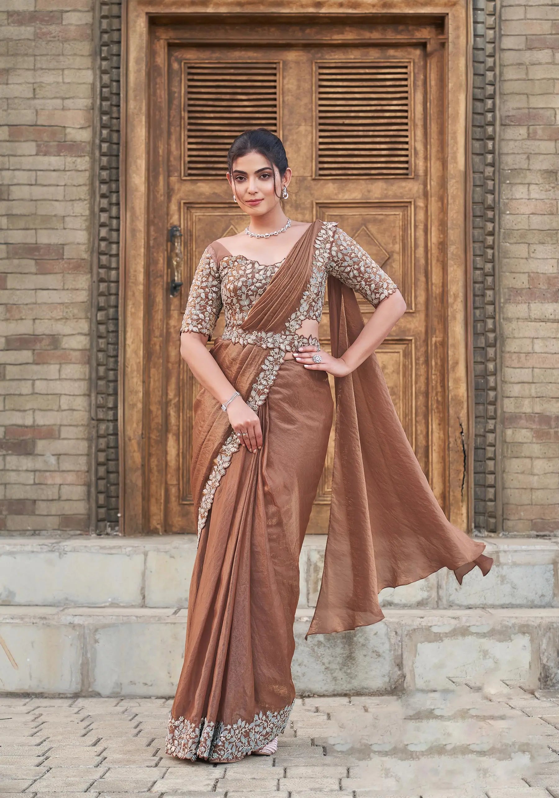 Pinkish Brown Duel Sequins With Pearl Work Ready To Wear Saree With Belt - qivii
