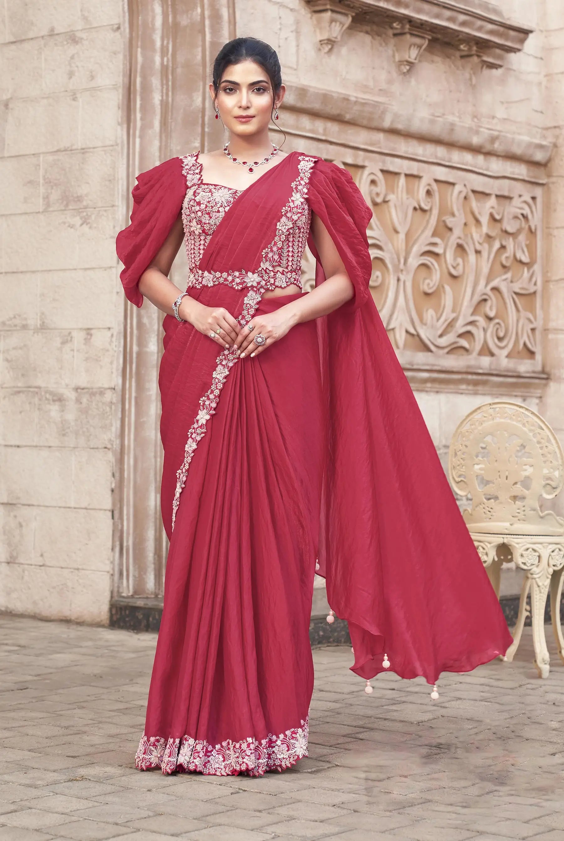 Light Maroon Duel Sequins With Hand Work Ready To Wear Saree With Belt - qivii