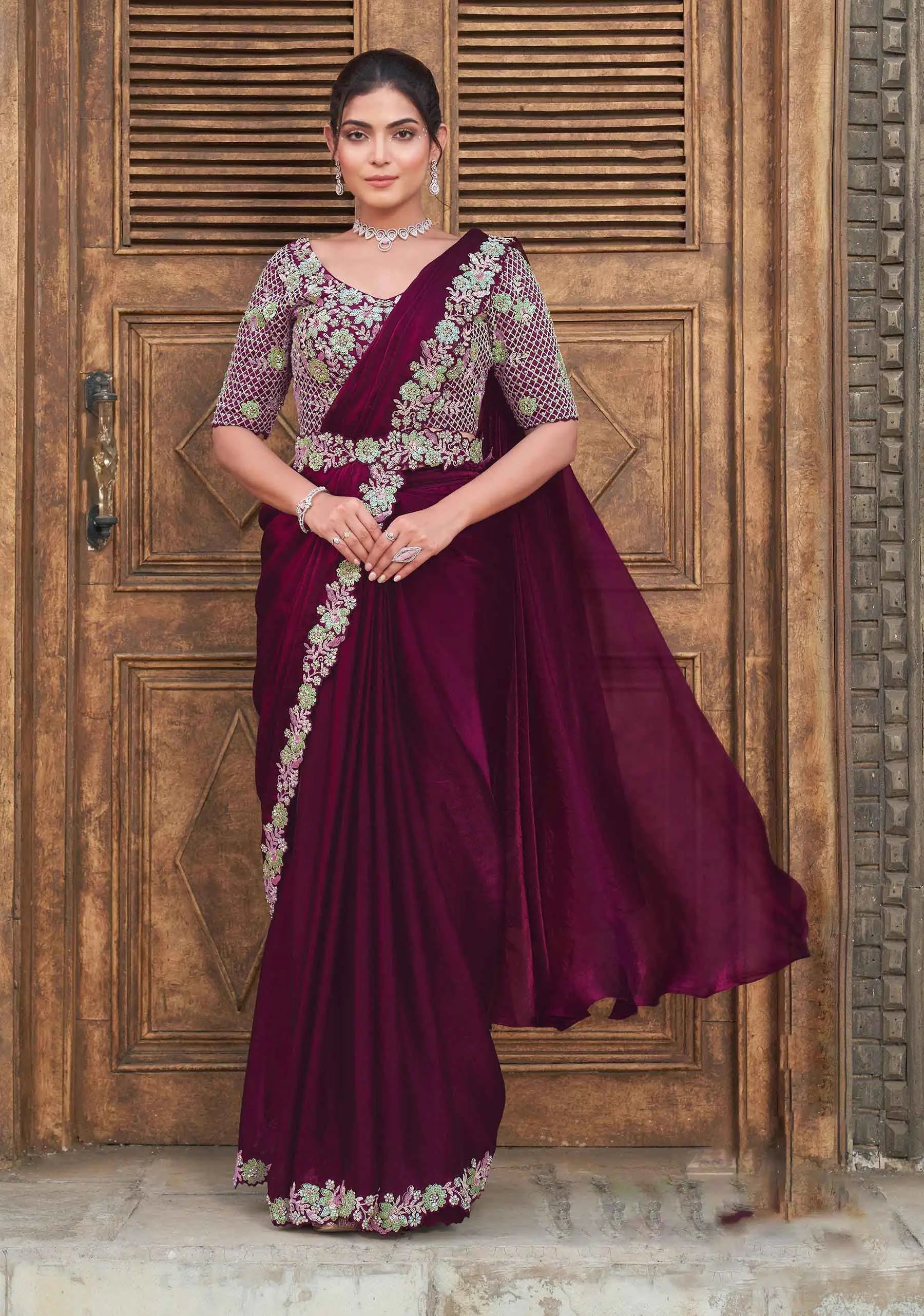 Black Berry Duel Sequins With Pearl And Hand Work Ready To Wear Saree - qivii