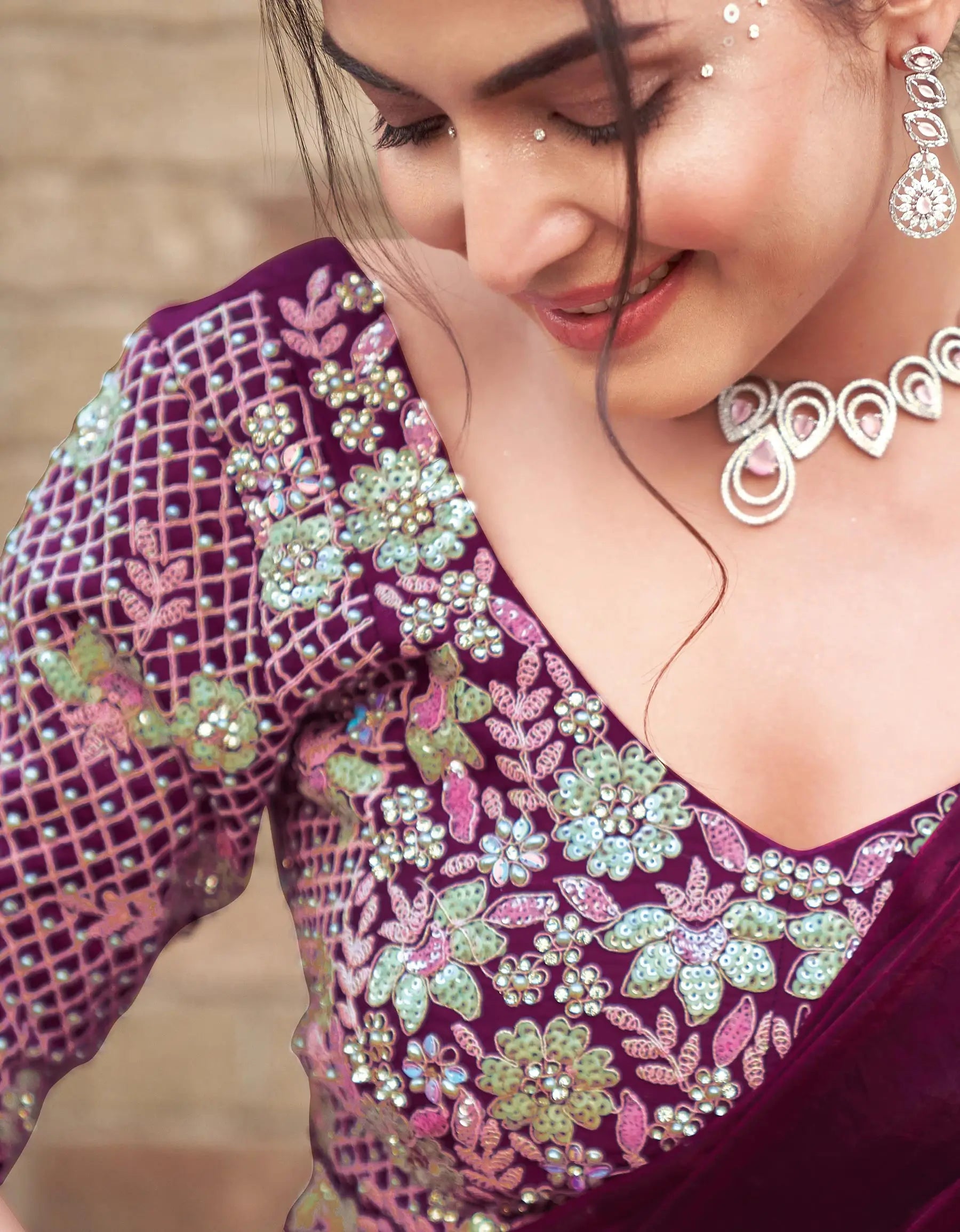 Black Berry Duel Sequins With Pearl And Hand Work Ready To Wear Saree - qivii