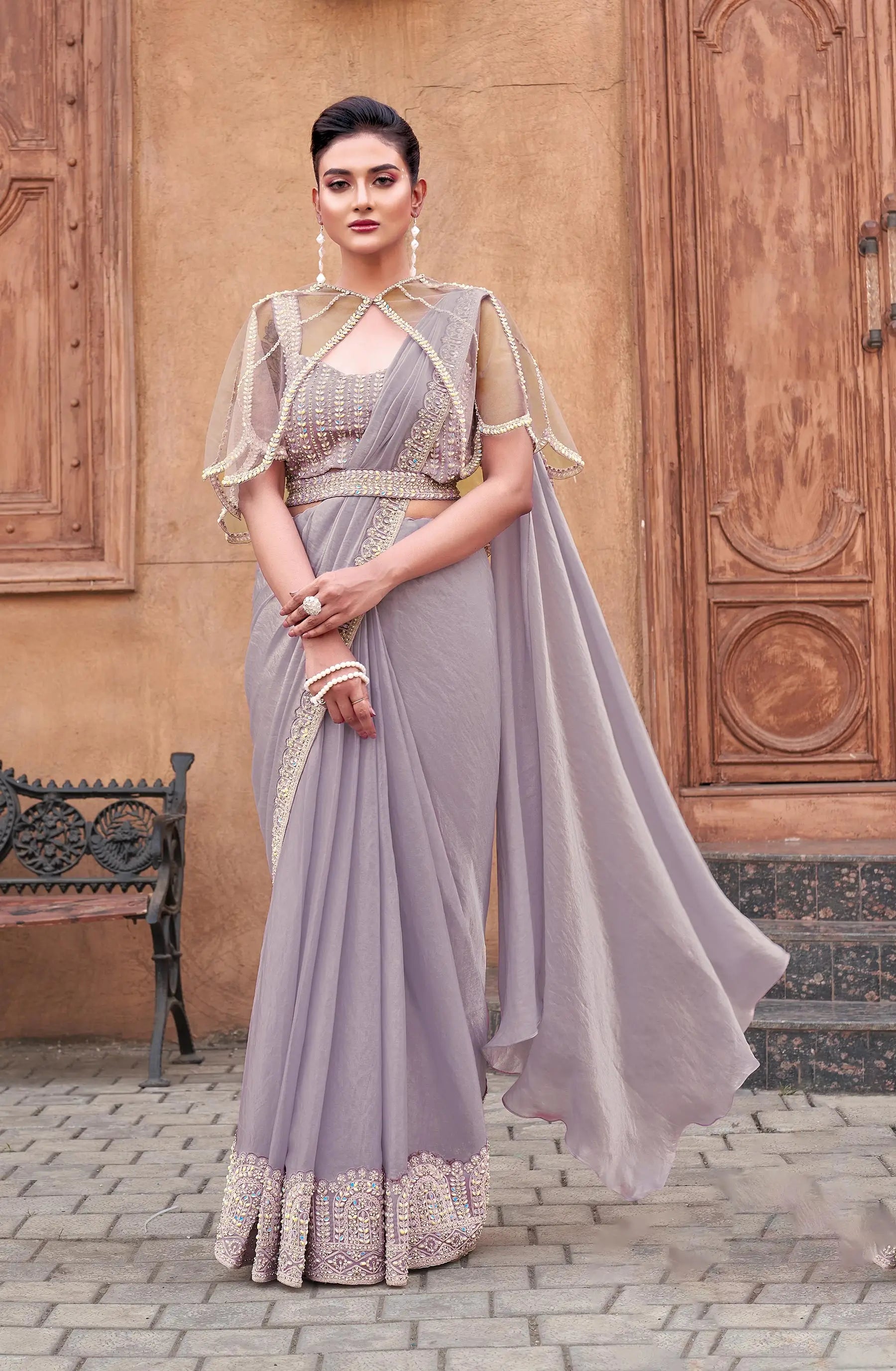 Dusty Grey Sequins With Pearl Work Ready To Wear Saree With Poncho - qivii
