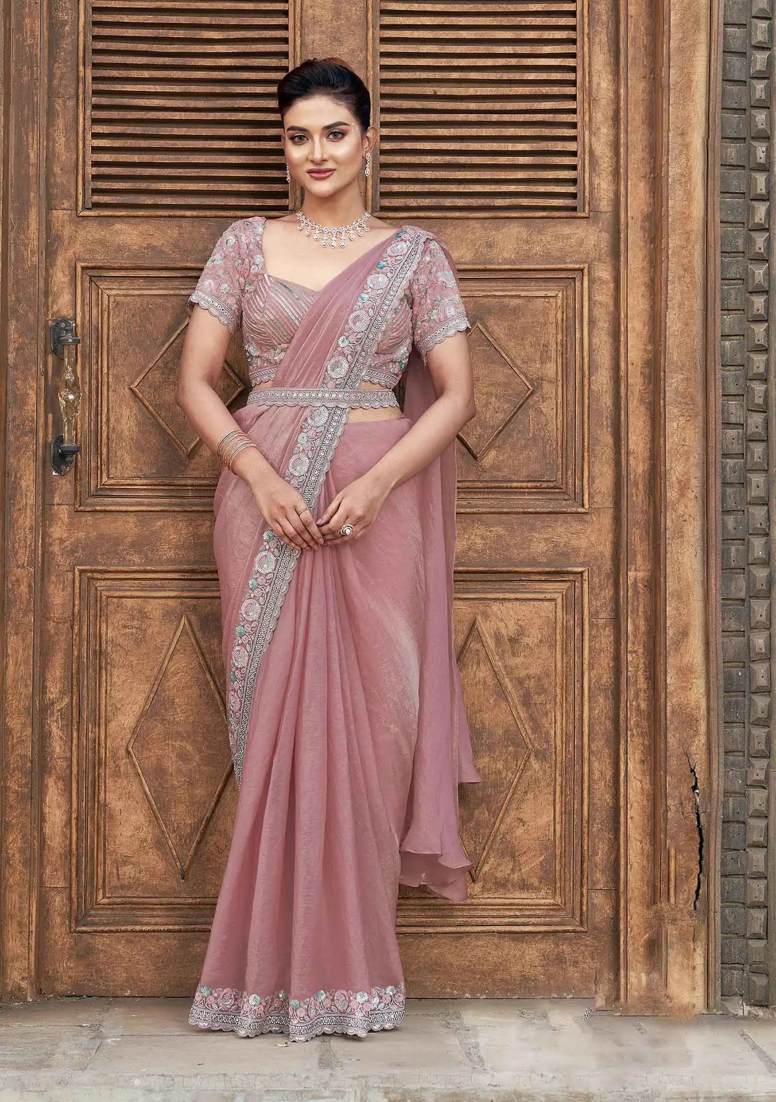 Rosy Brown Four Sequins With Hand Work Ready To Wear Saree - qivii