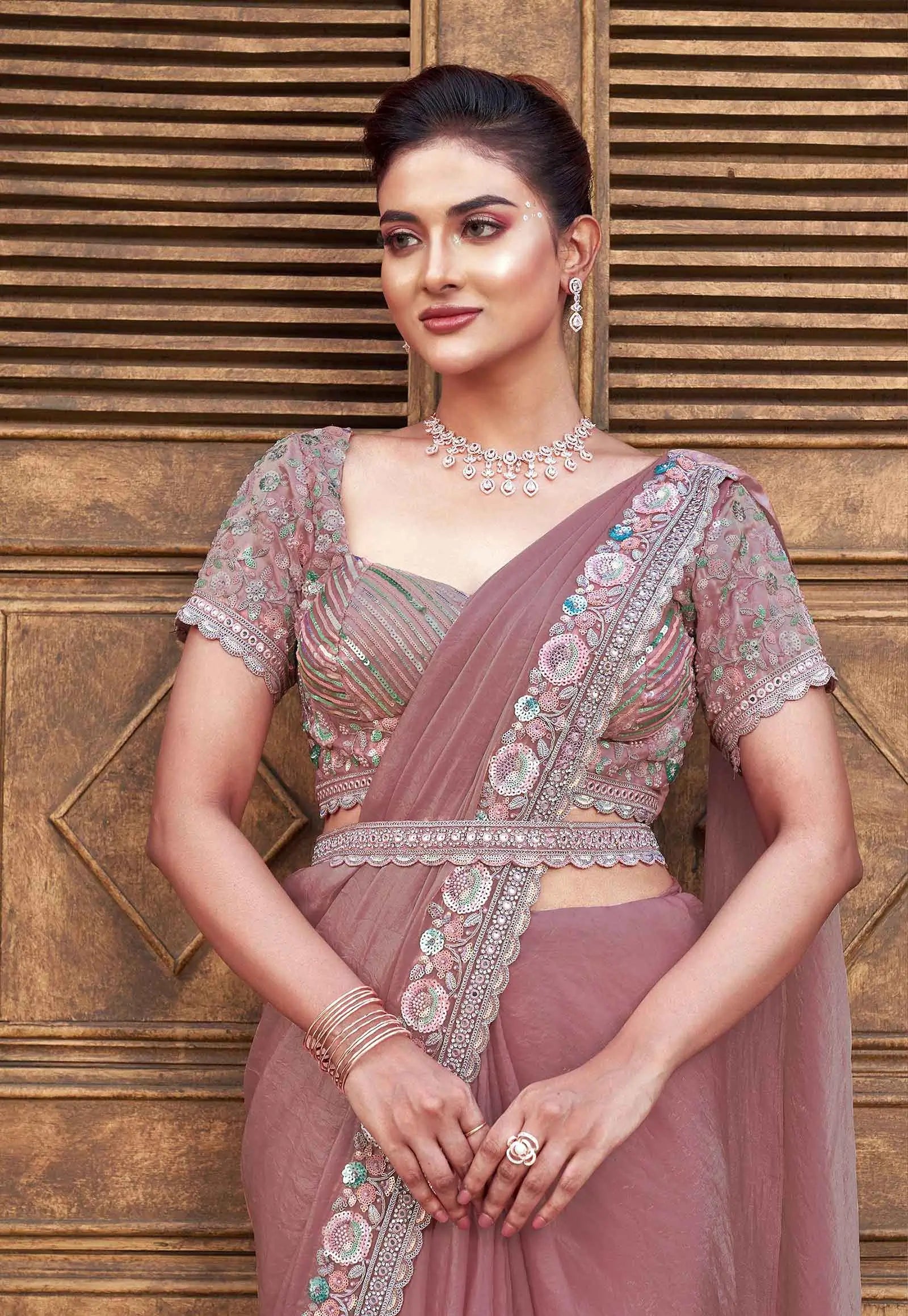 Rosy Brown Four Sequins With Hand Work Ready To Wear Saree - qivii