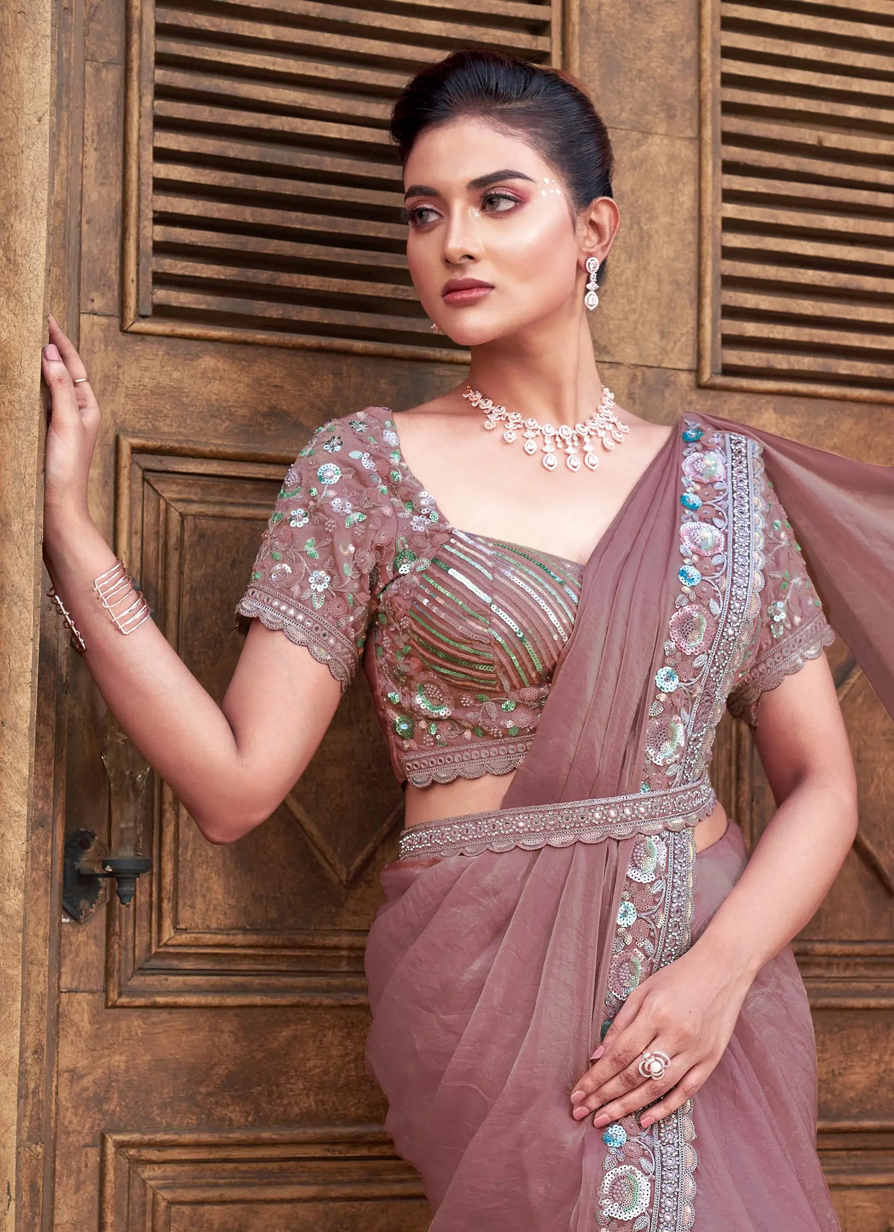 Rosy Brown Four Sequins With Hand Work Ready To Wear Saree - qivii