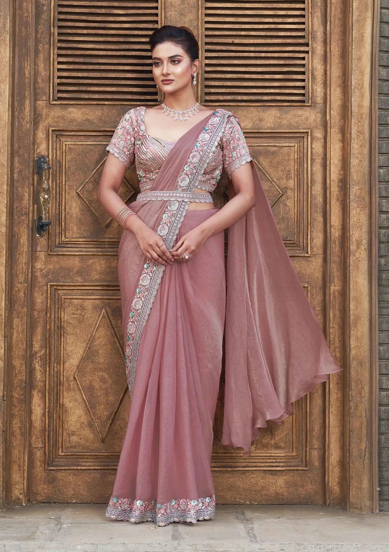 Rosy Brown Four Sequins With Hand Work Ready To Wear Saree - qivii