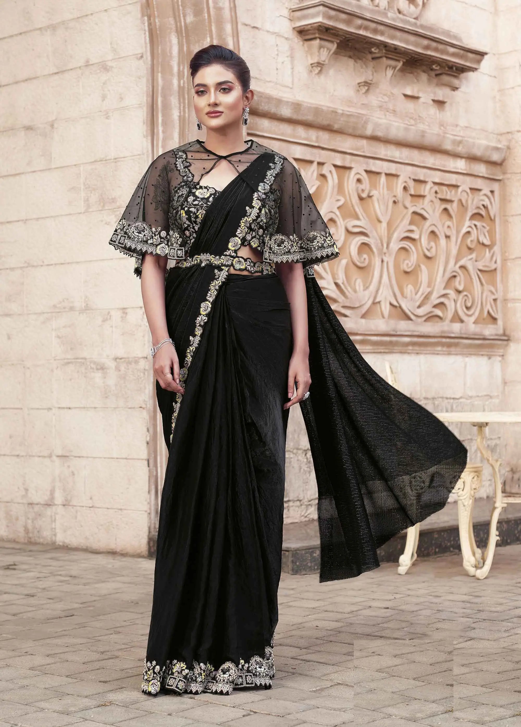 Smoky Black Duel Sequins With Pearl Work Ready To Wear Saree With Poncho - qivii