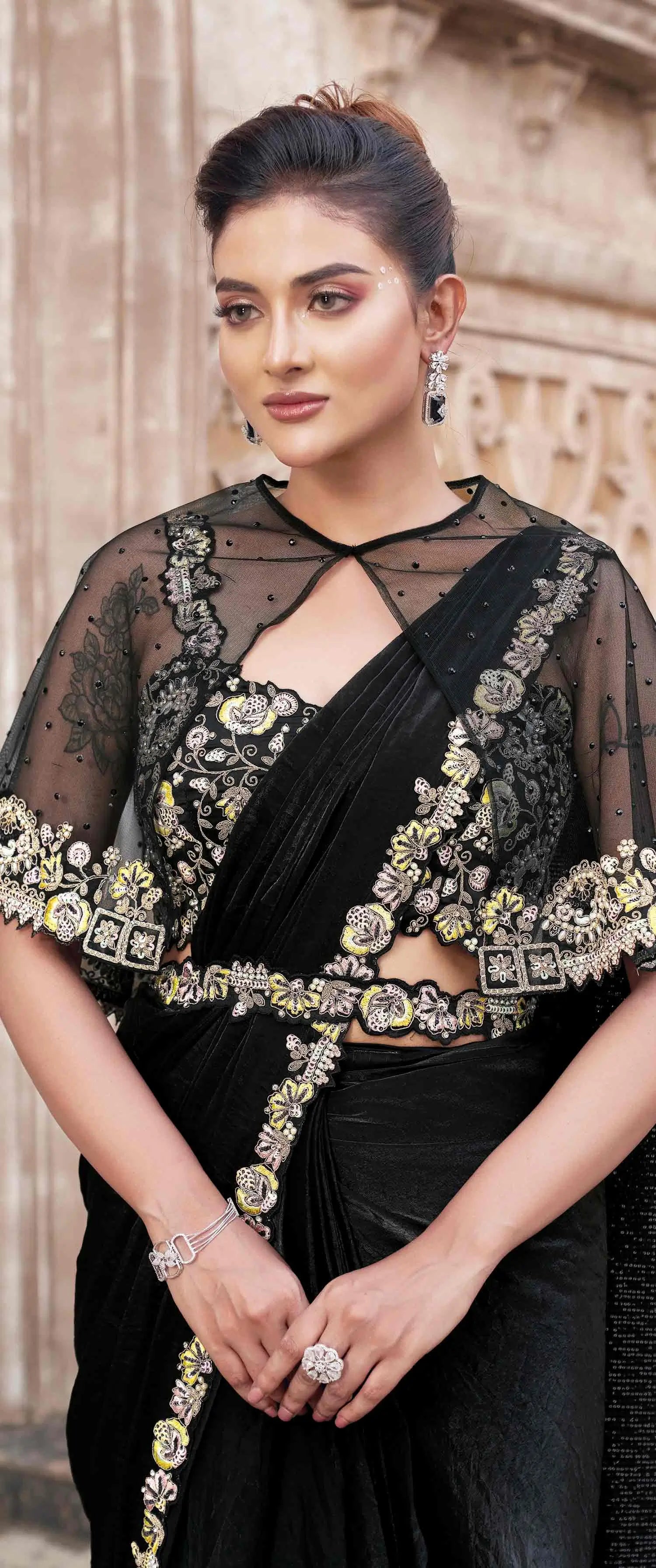 Smoky Black Duel Sequins With Pearl Work Ready To Wear Saree With Poncho - qivii