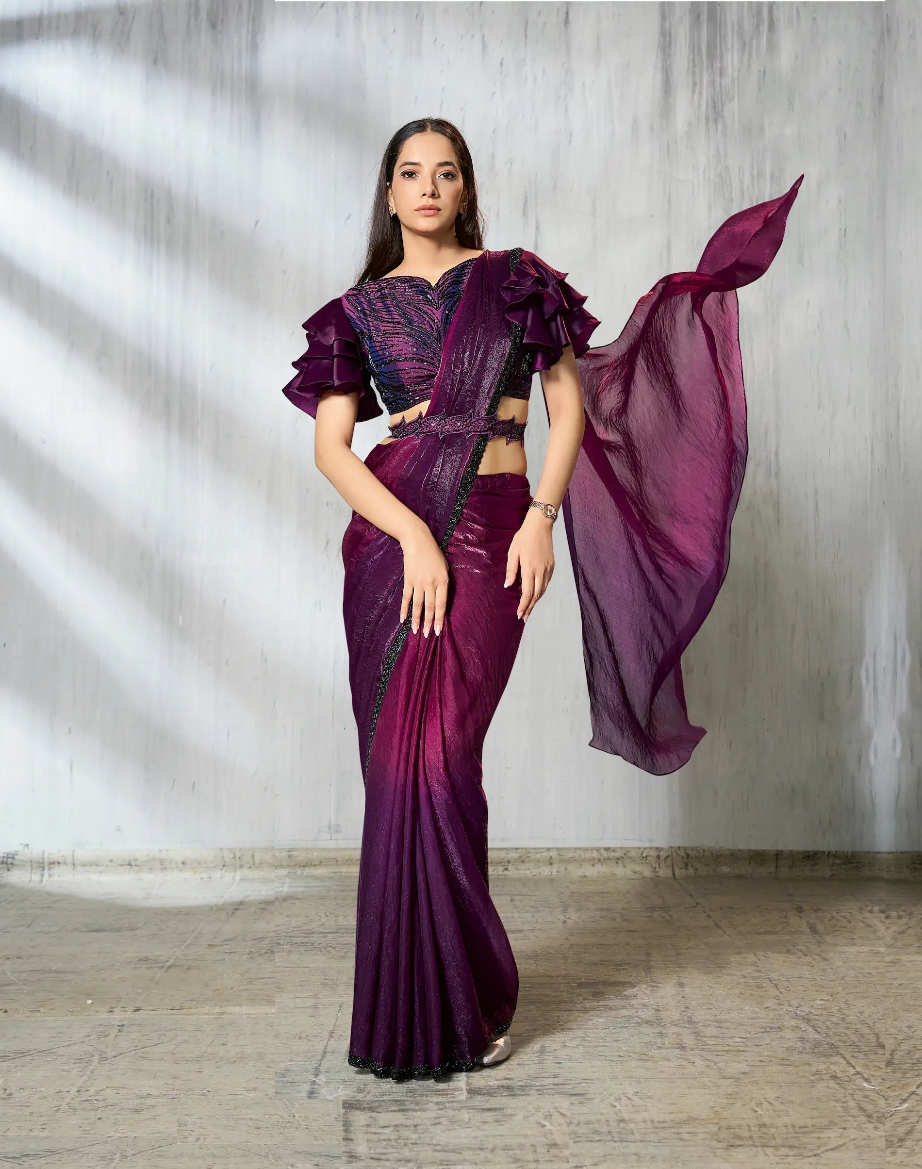 Berry Wine Shaded Satin Silk Beads Work One Minute Saree - qivii