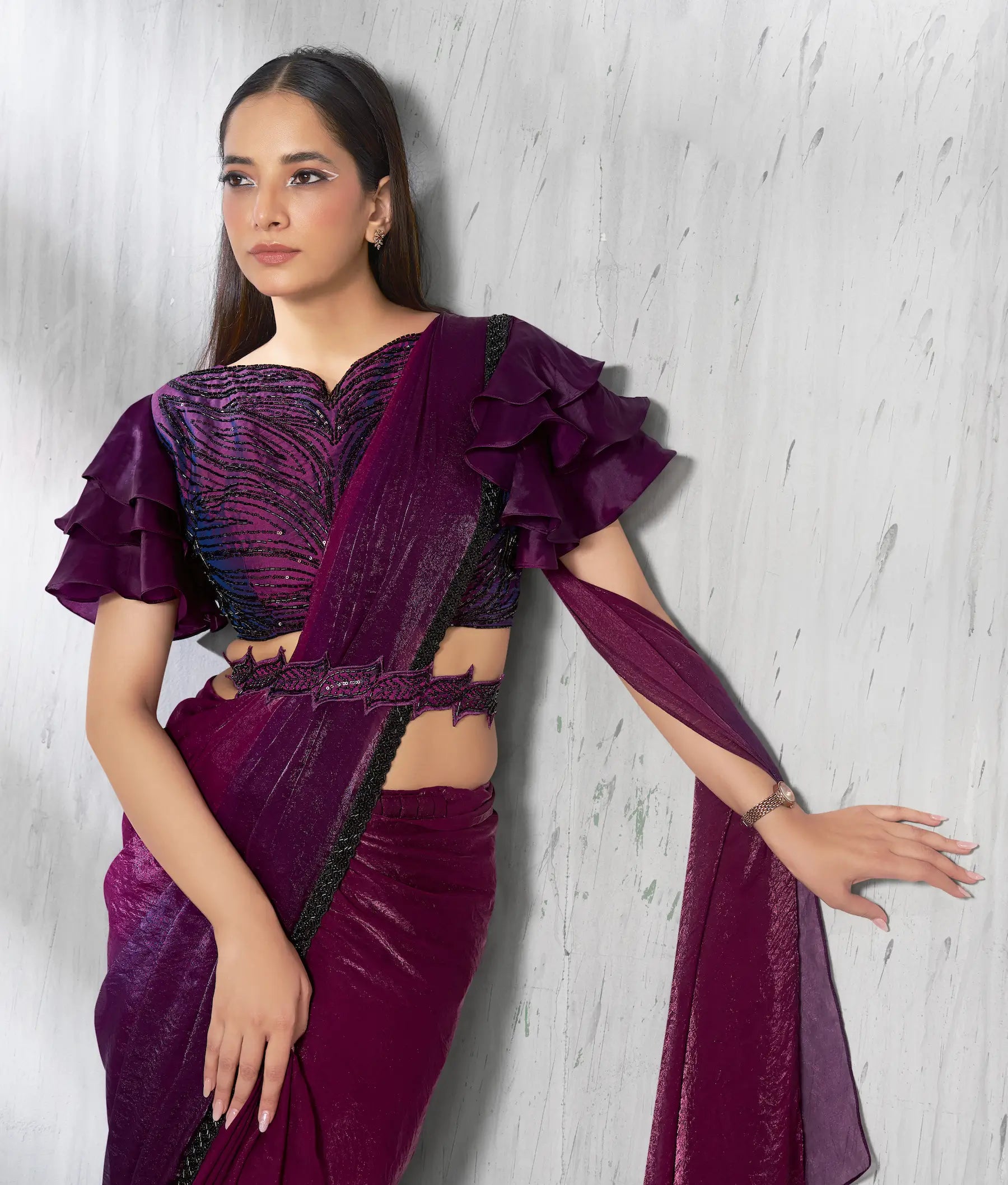 Berry Wine Shaded Satin Silk Beads Work One Minute Saree - qivii