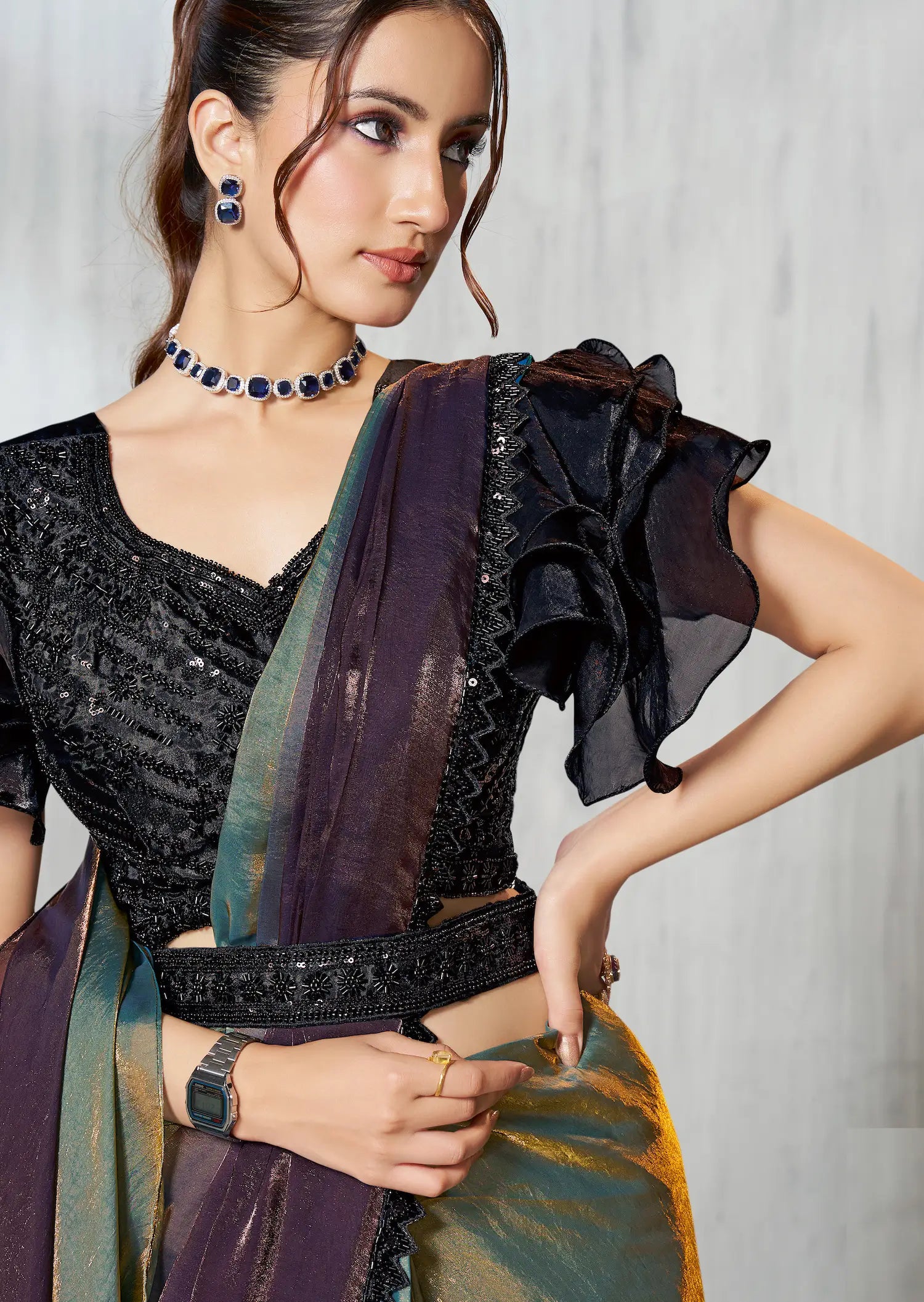 Charcoal Grey Shaded Satin Silk Beads Work One Minute Saree - qivii
