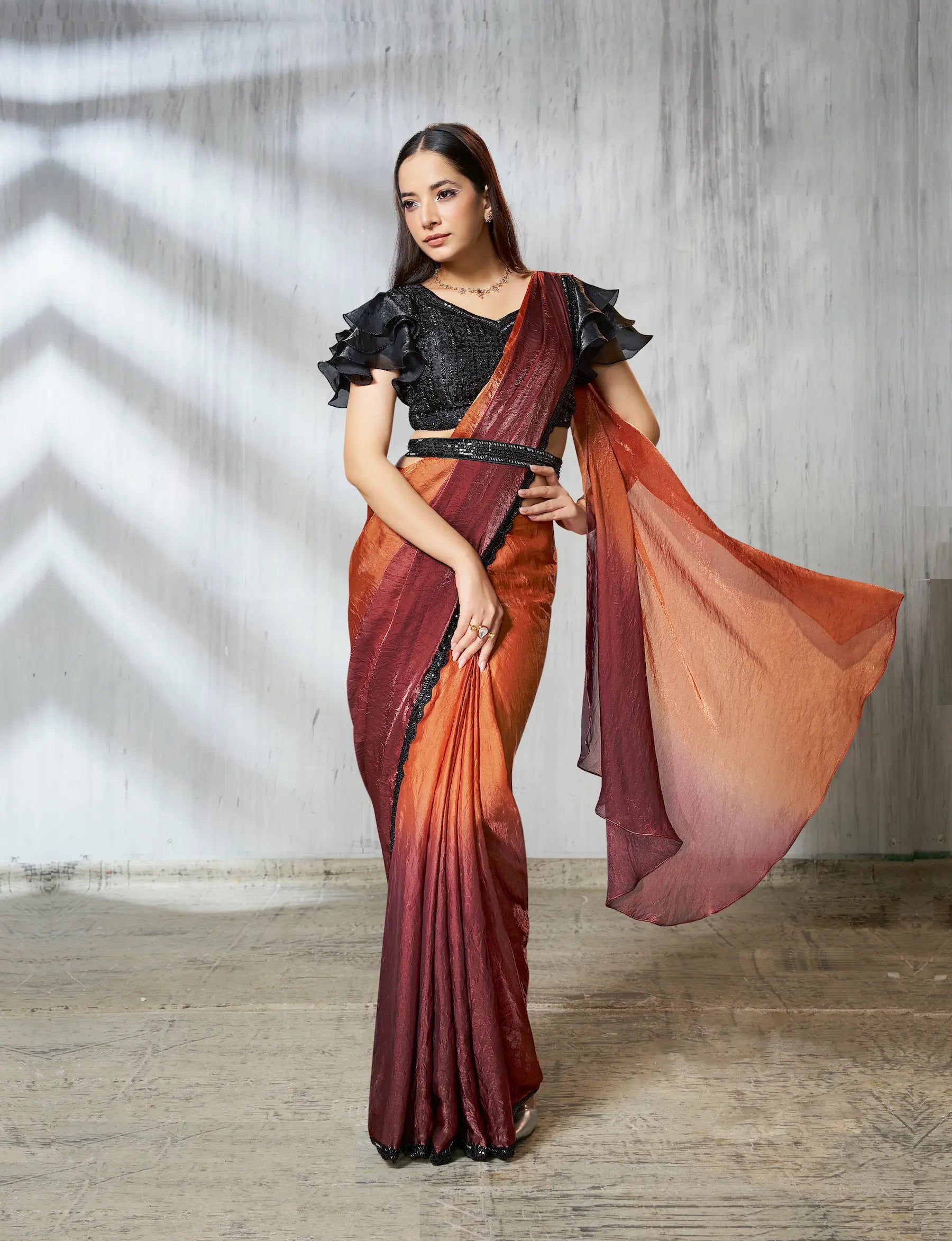 Orange-Brown Shaded Satin Silk Beads Work One Minute Saree - qivii