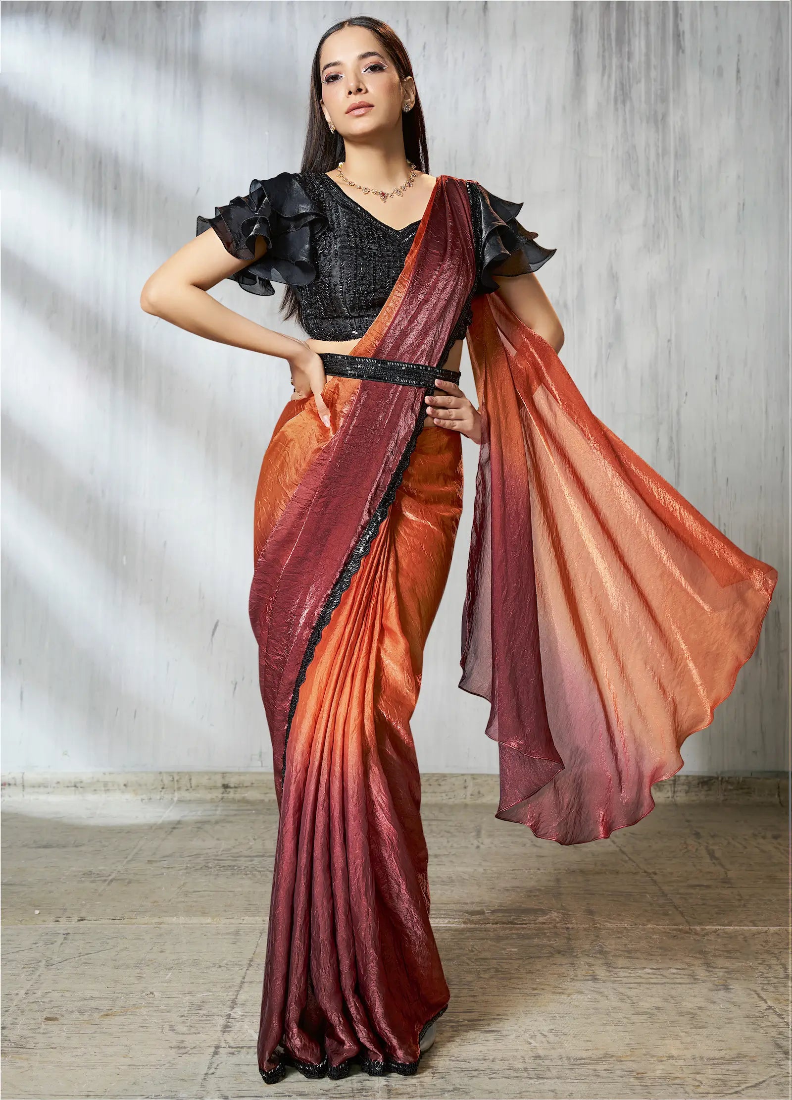 Orange-Brown Shaded Satin Silk Beads Work One Minute Saree - qivii
