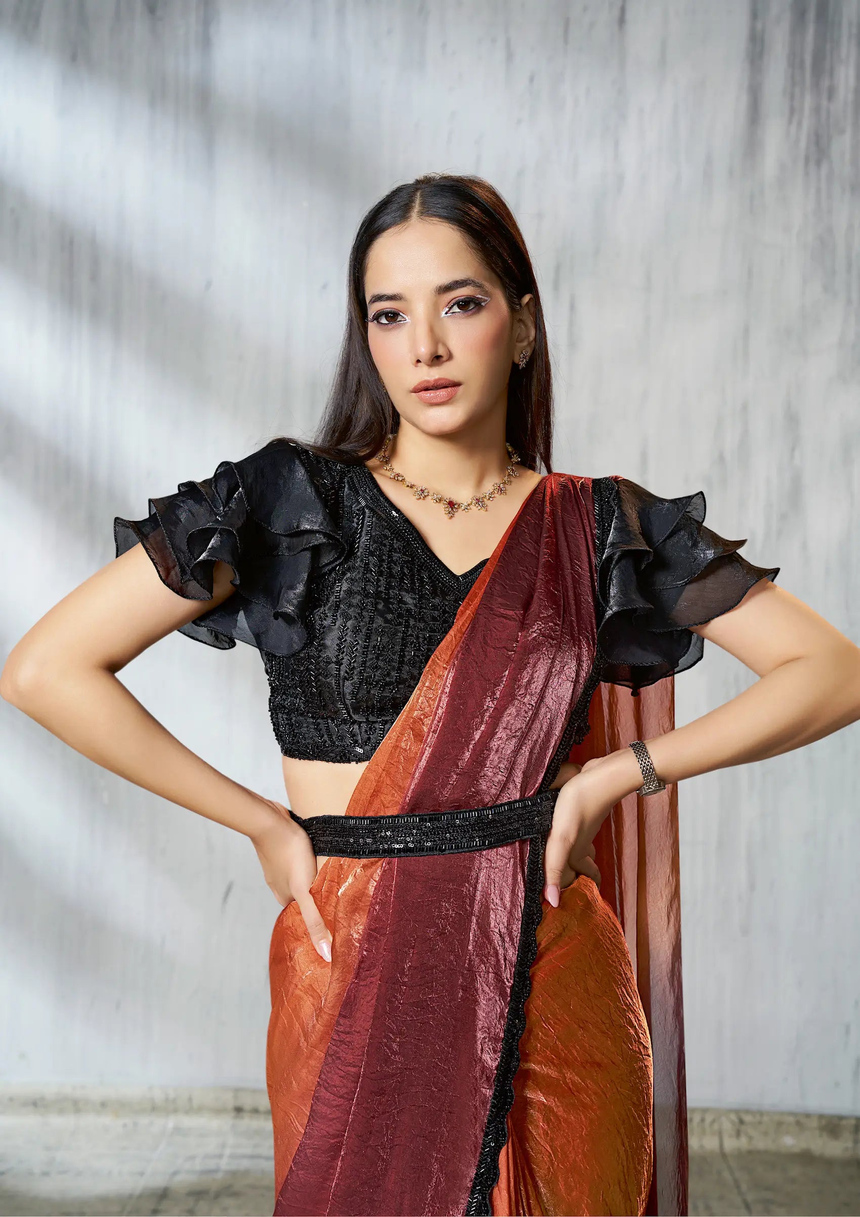 Orange-Brown Shaded Satin Silk Beads Work One Minute Saree - qivii