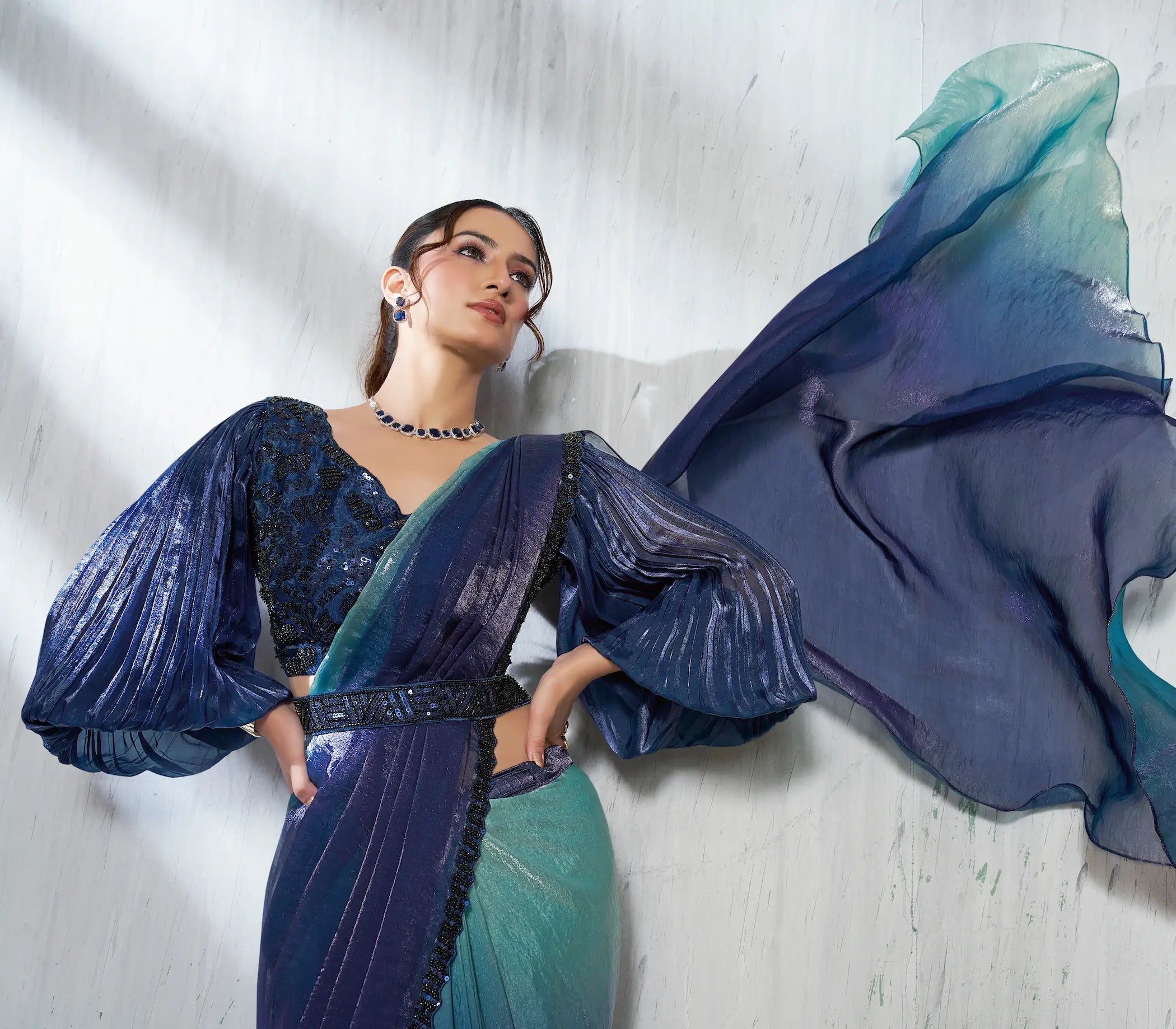 Navy Blue Shaded Satin Silk Beads Work One Minute Saree - qivii