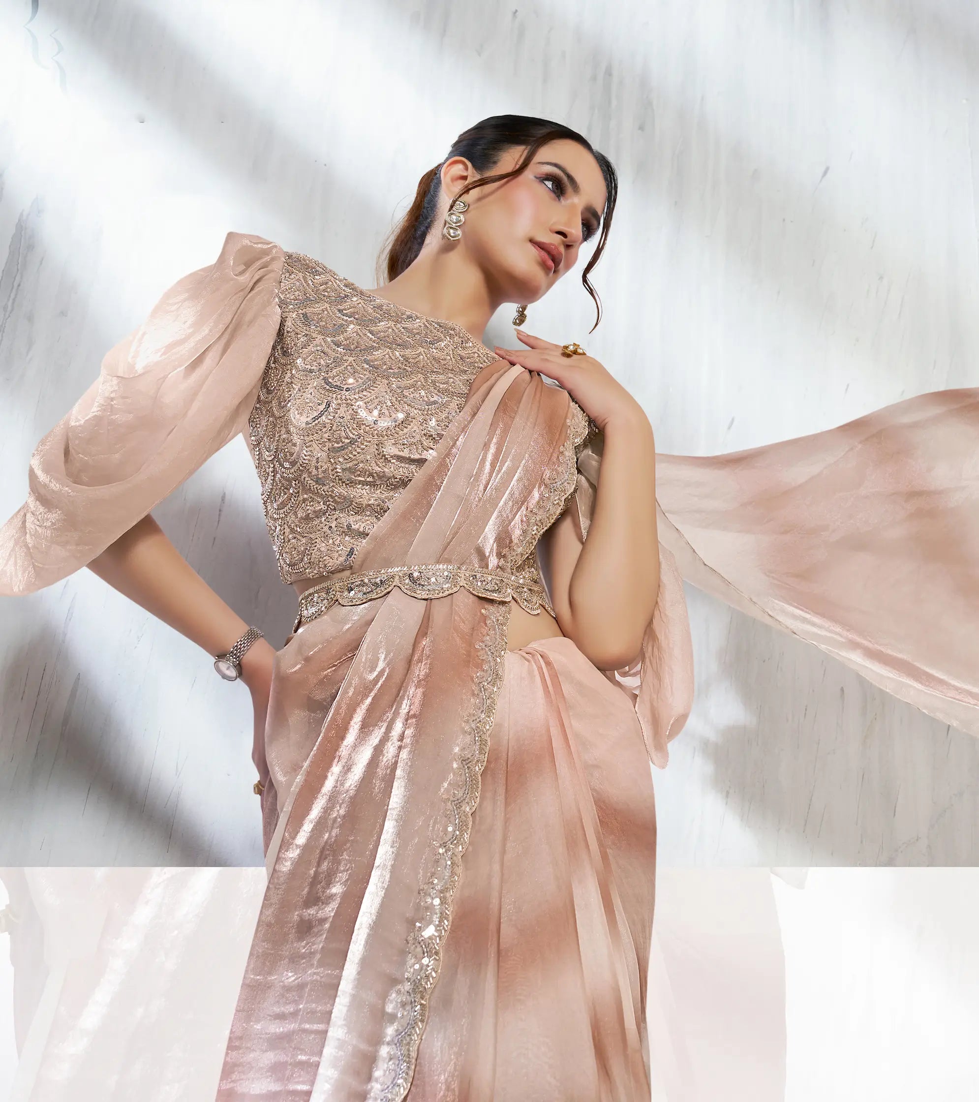 Light Beige Shaded Satin Silk Beads Work One Minute Saree - qivii