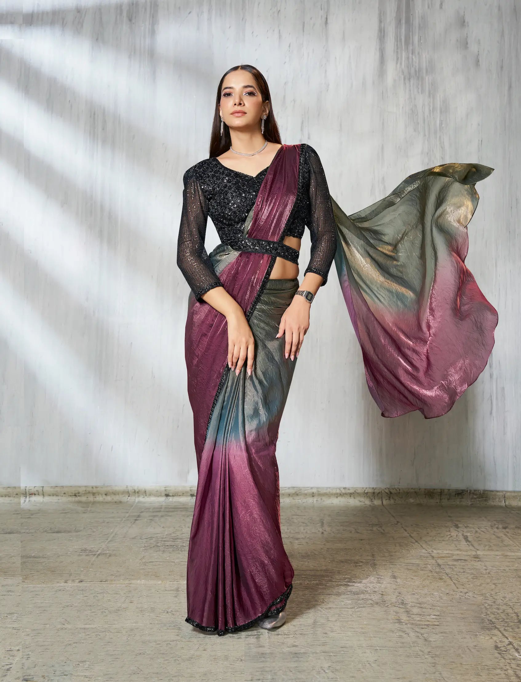 Grey-Wine Shaded Satin Silk Beads Work One Minute Saree - qivii
