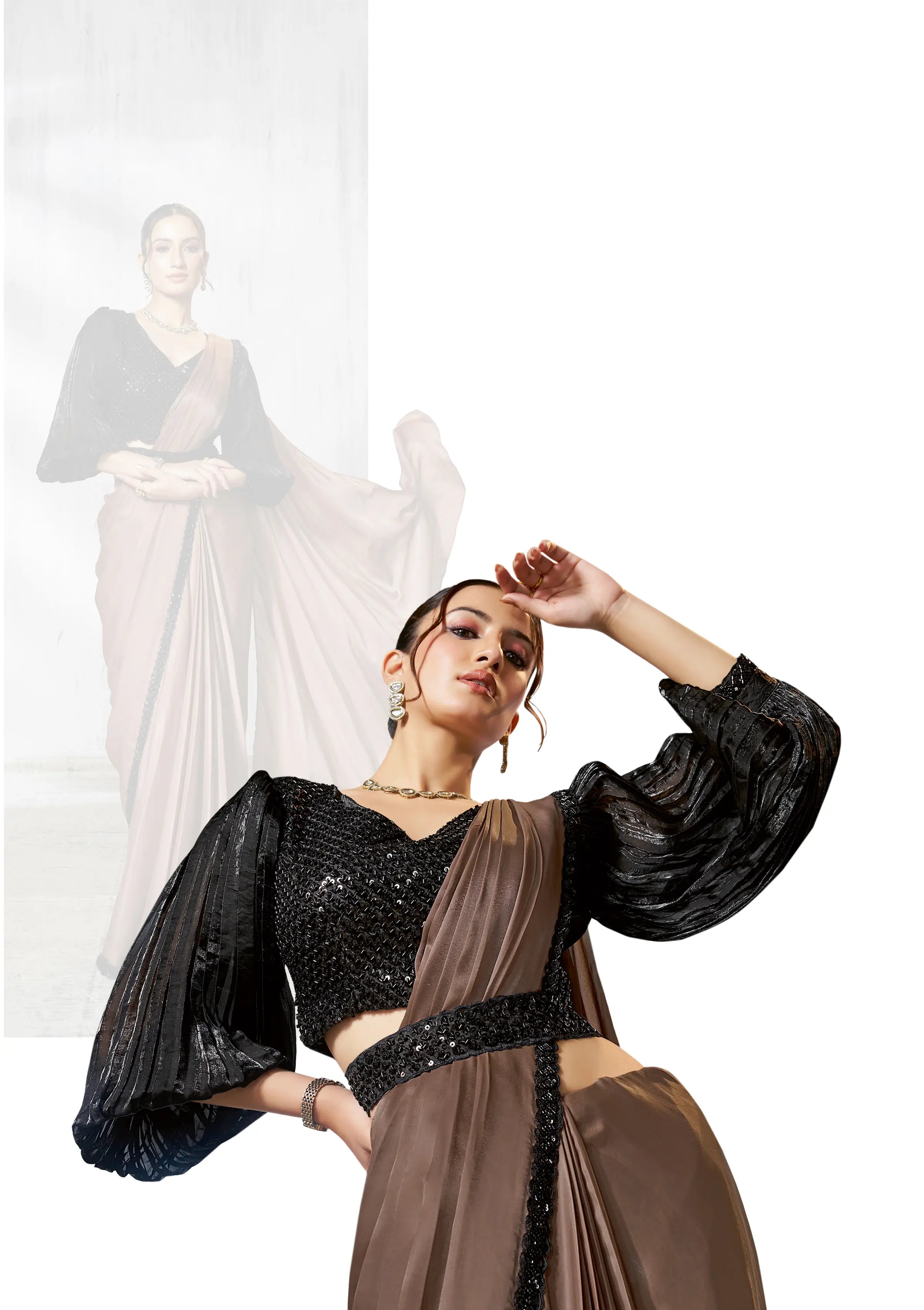 Pastel Brown Shaded Satin Silk Beads Work One Minute Saree - qivii