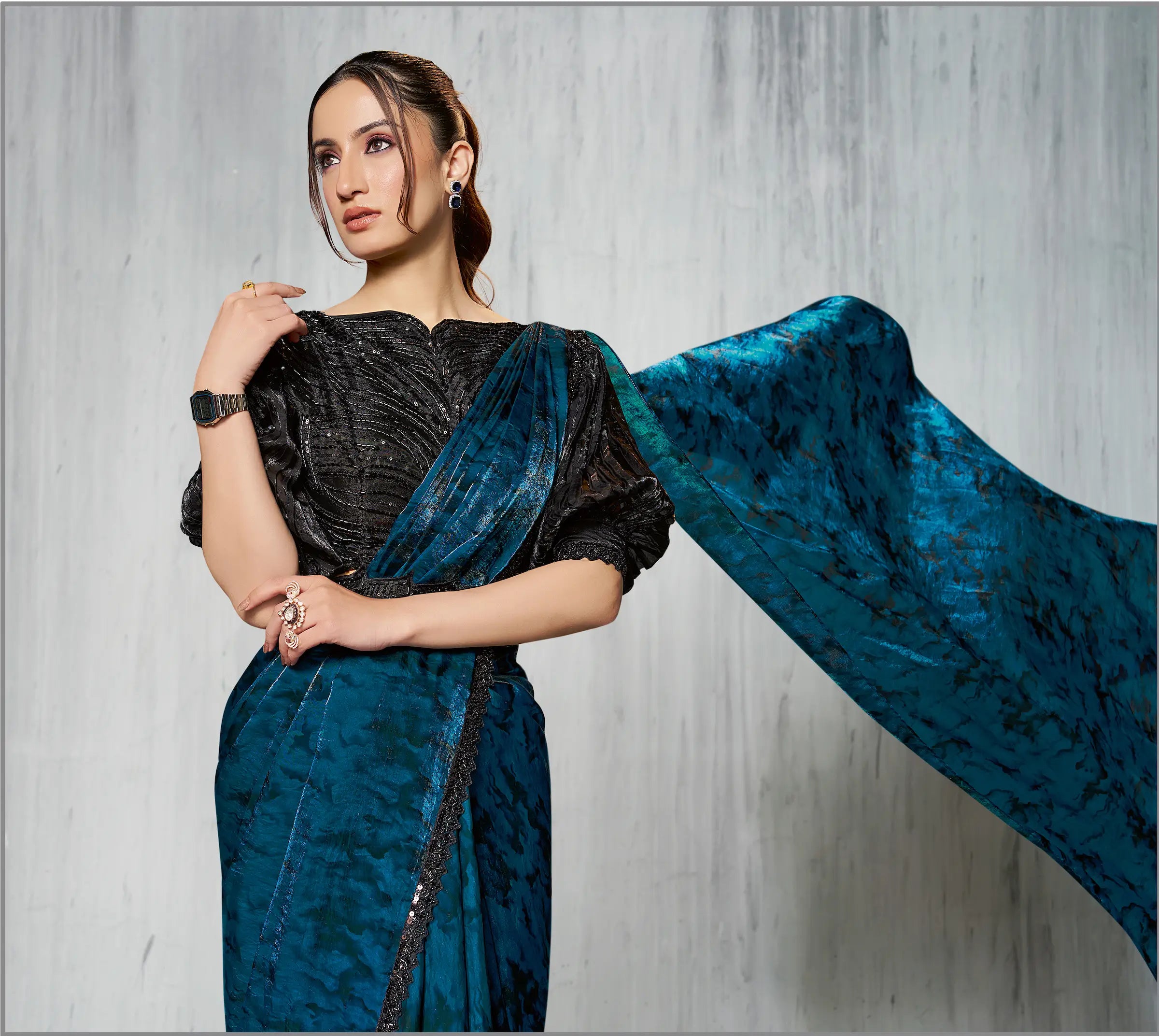 Venice Blue Shaded Satin Silk Beads Work One Minute Saree - qivii
