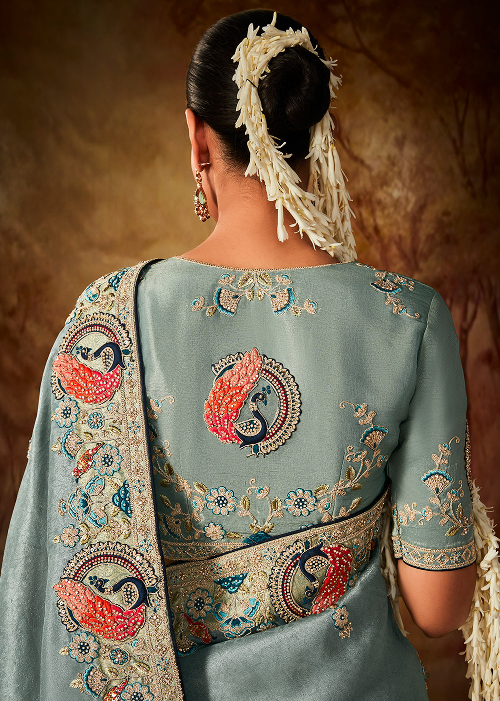 Columbia Blue Woven Banarasi Silk Saree with Sequin,Stone,Zardosi,Khatli & Pearl work - qivii