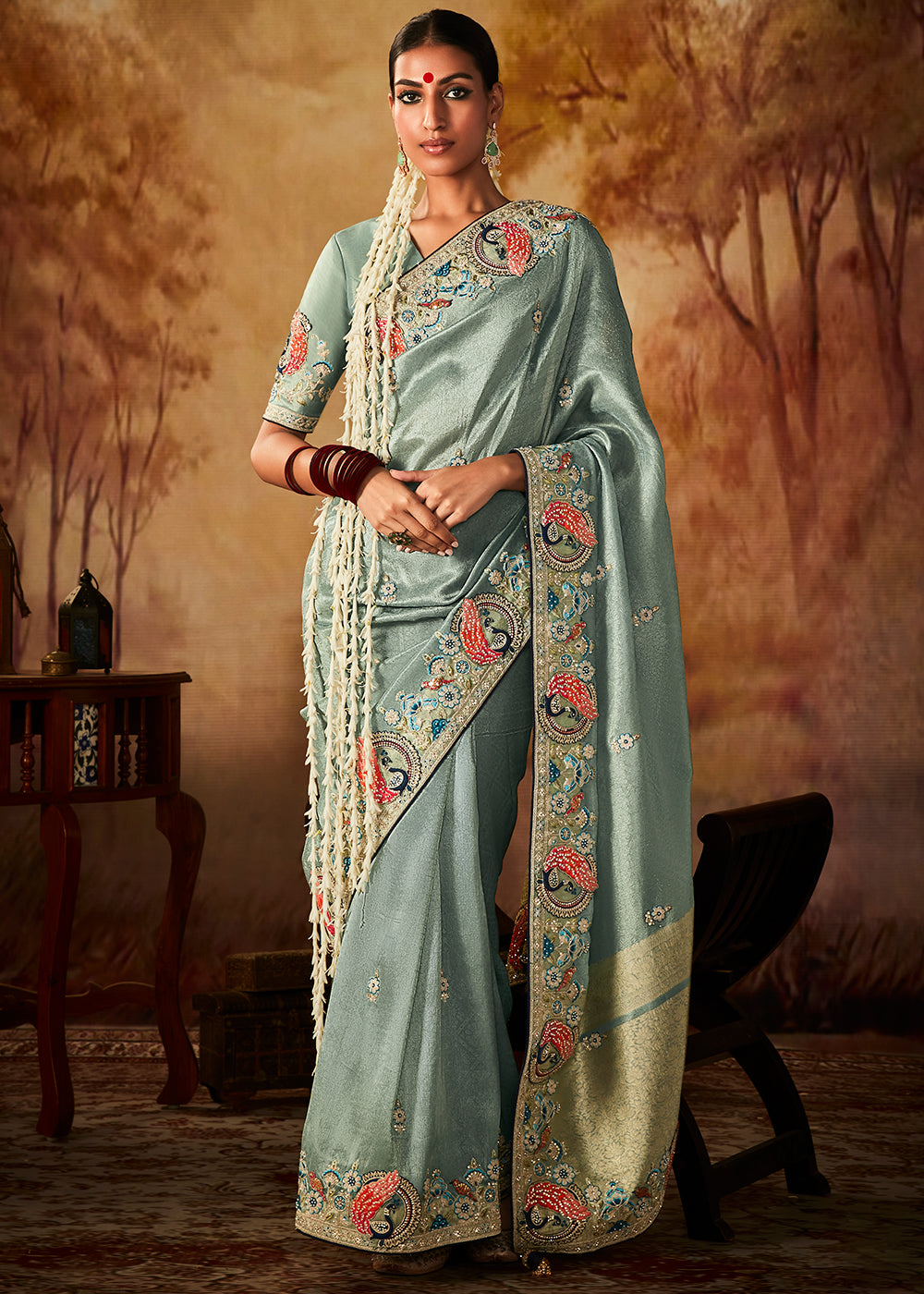 Columbia Blue Woven Banarasi Silk Saree with Sequin,Stone,Zardosi,Khatli & Pearl work - qivii