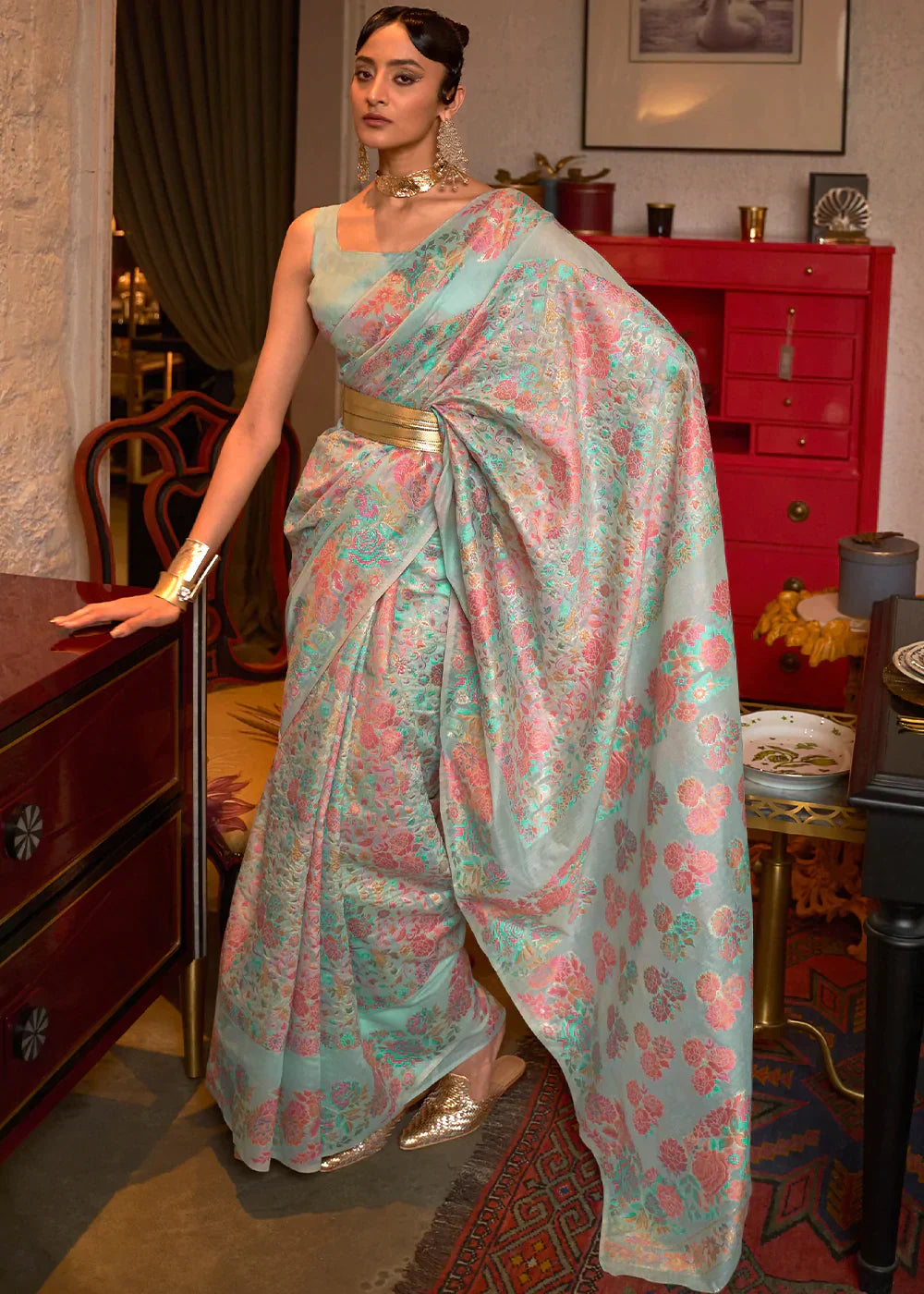 Powder Blue Kashmiri Handloom Weaving Silk Saree - qivii