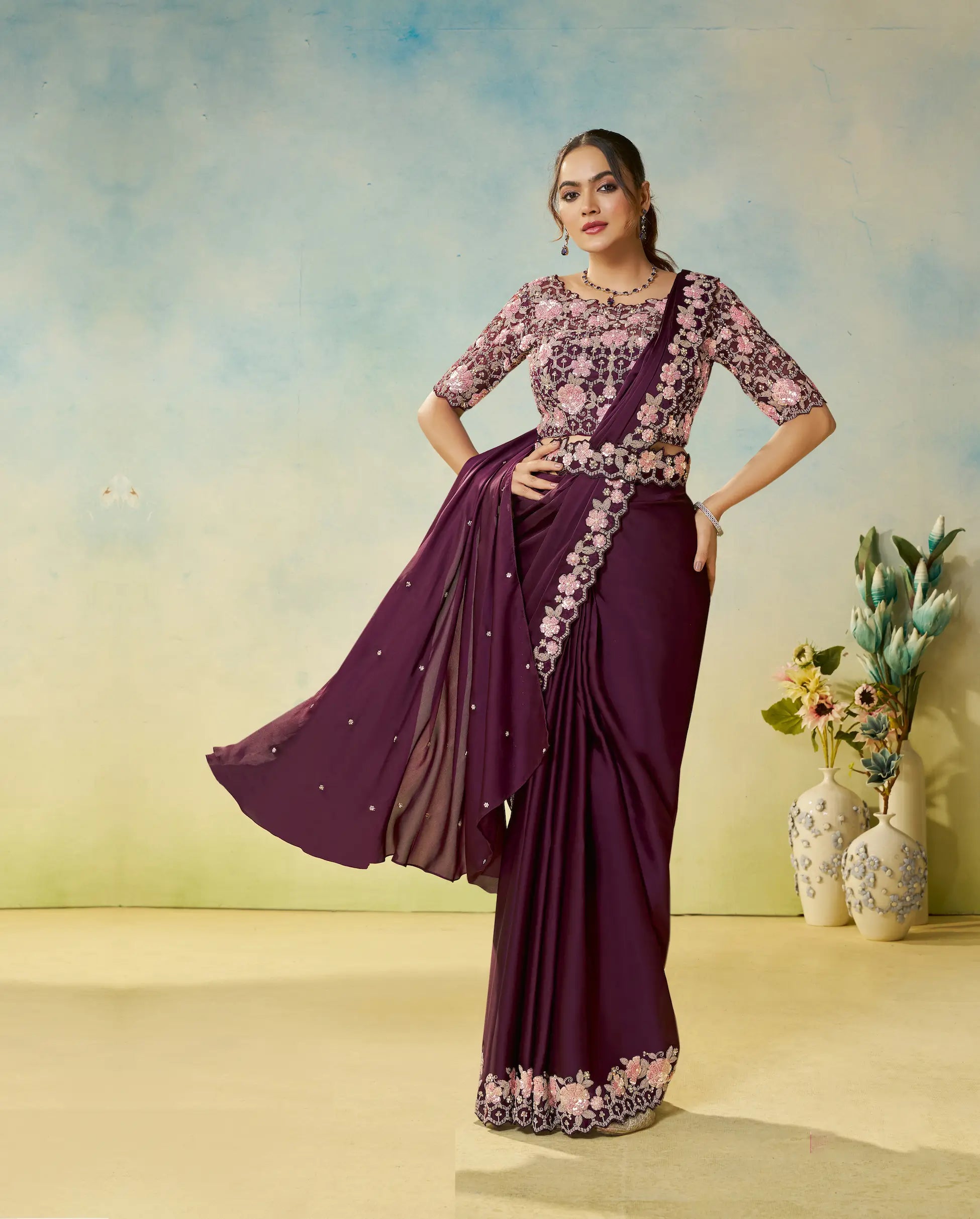 Berry Wine Embroidery & Hand Work One Minute Saree - qivii