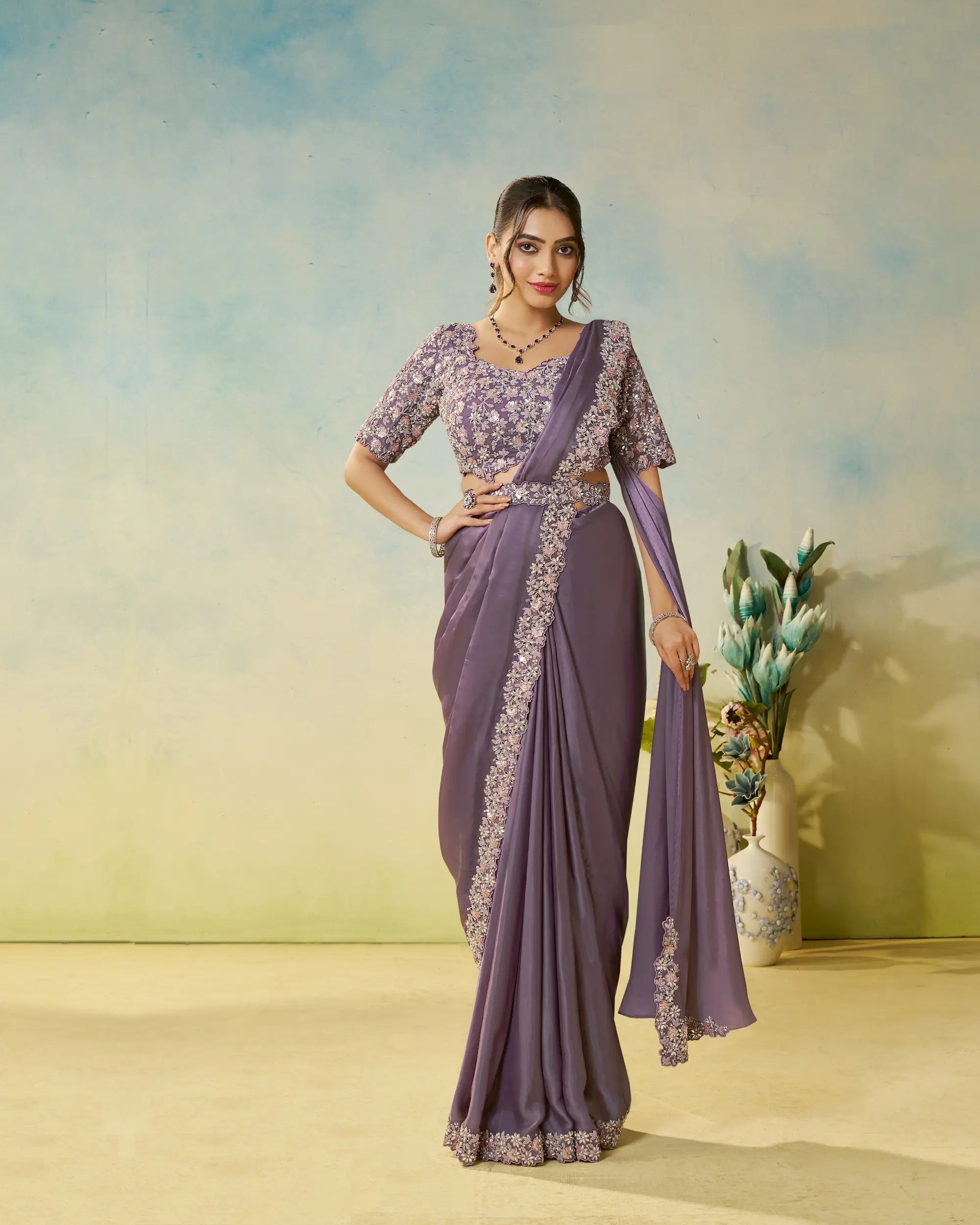 Dark Mauve Embroidery & Hand Work One Minute Saree - qivii