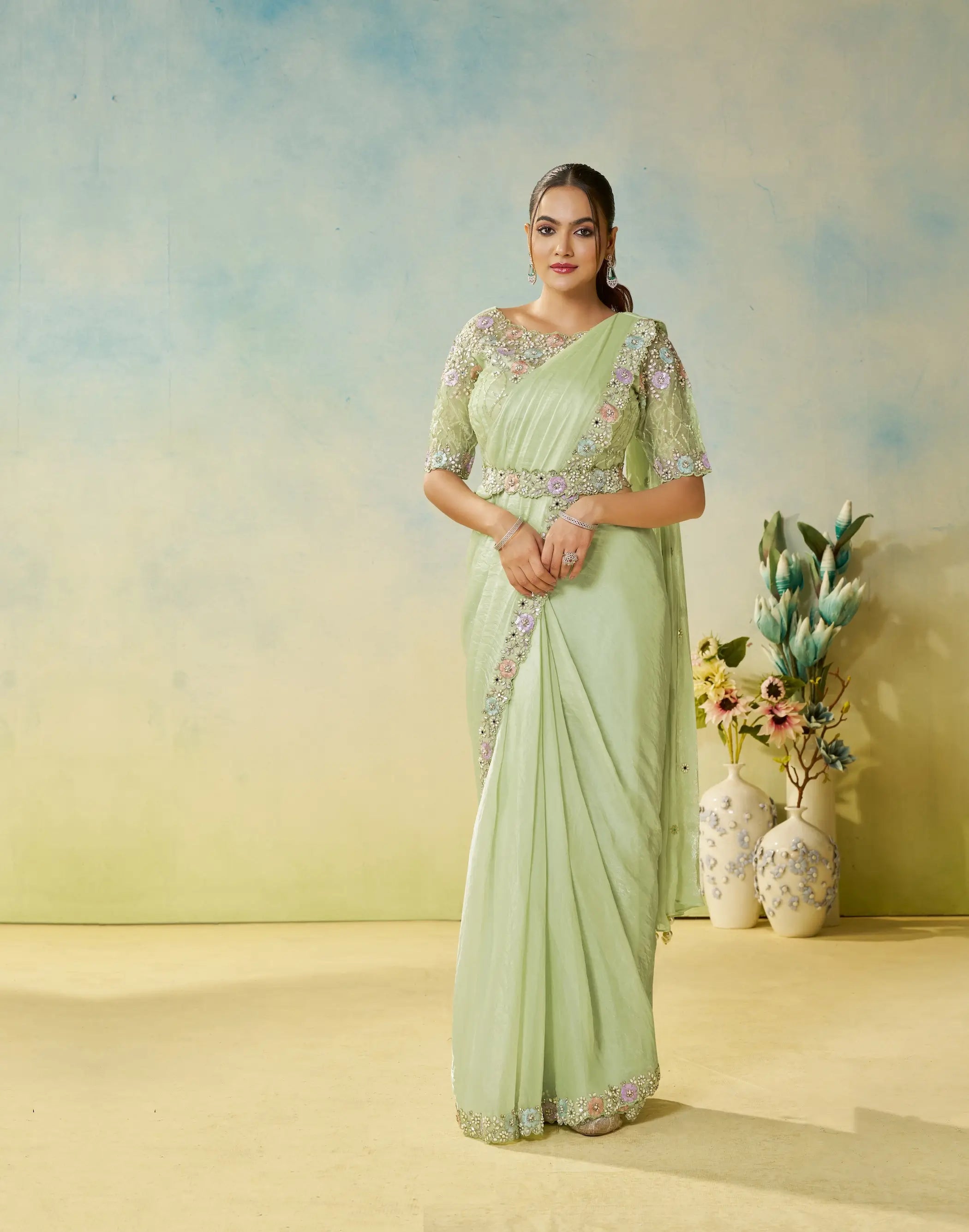 Pastel Green Embroidery & Hand Work One Minute Saree - qivii