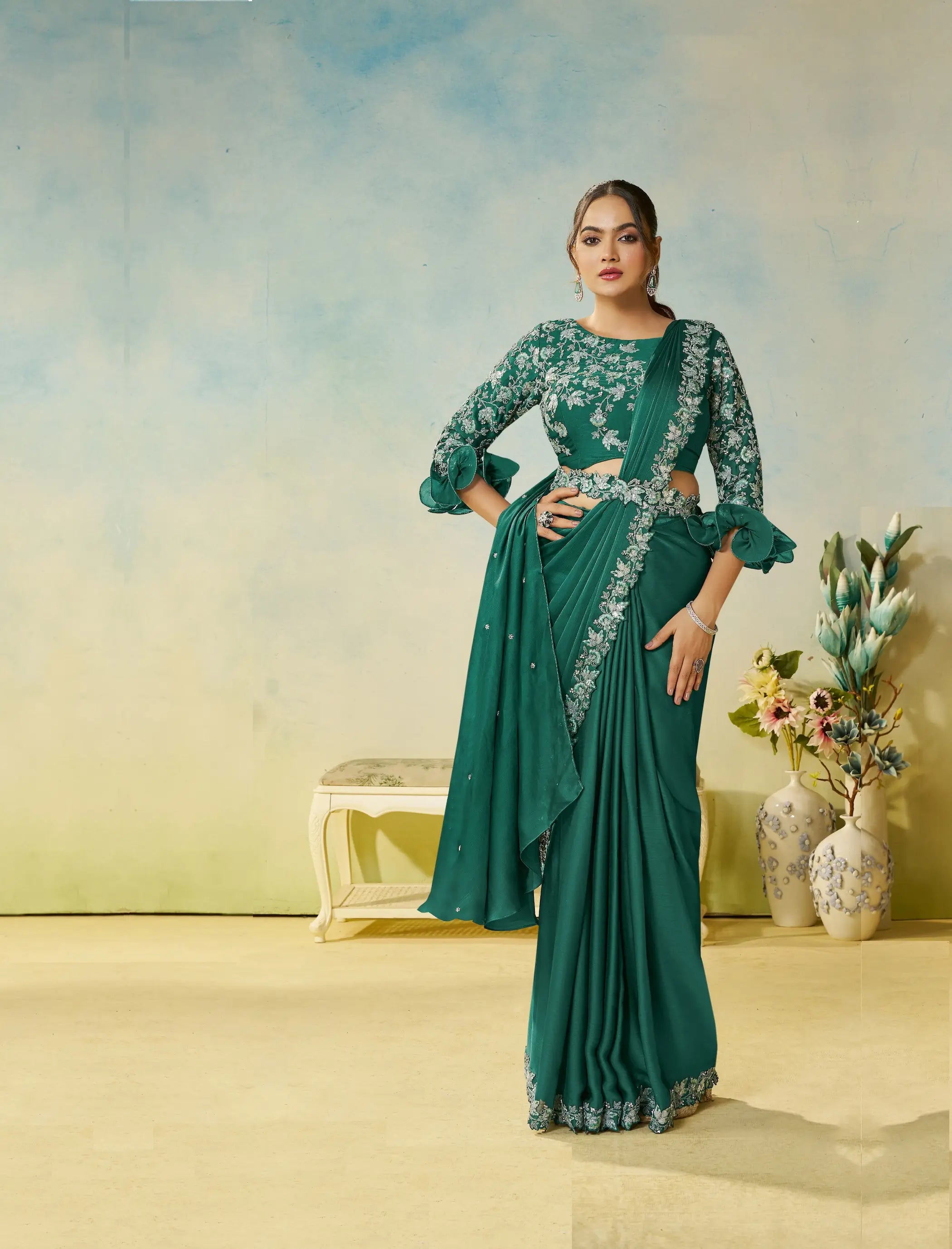 Smoky Green Embroidery & Hand Work One Minute Saree - qivii