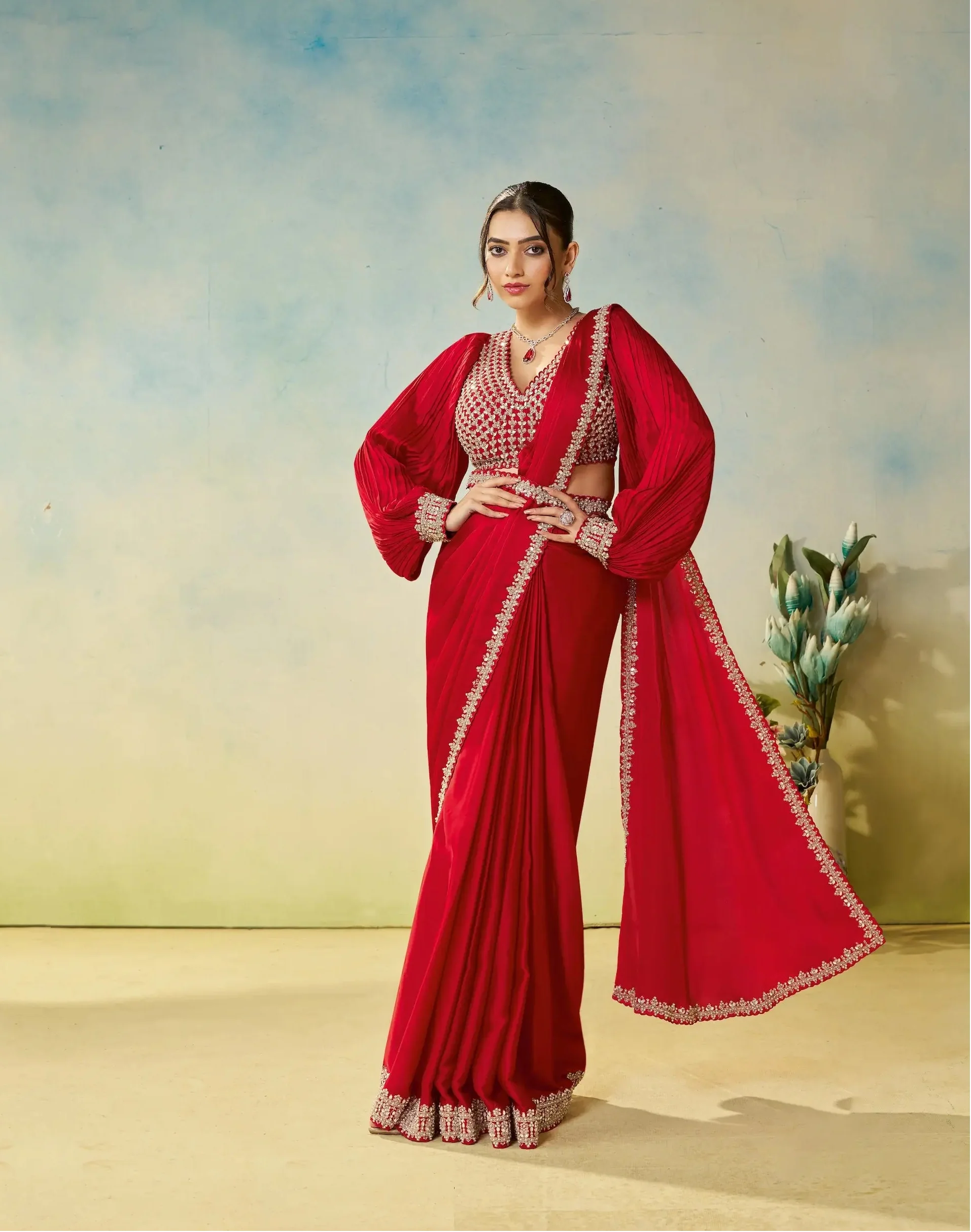 Classic Red Embroidery & Hand Work One Minute Saree - qivii