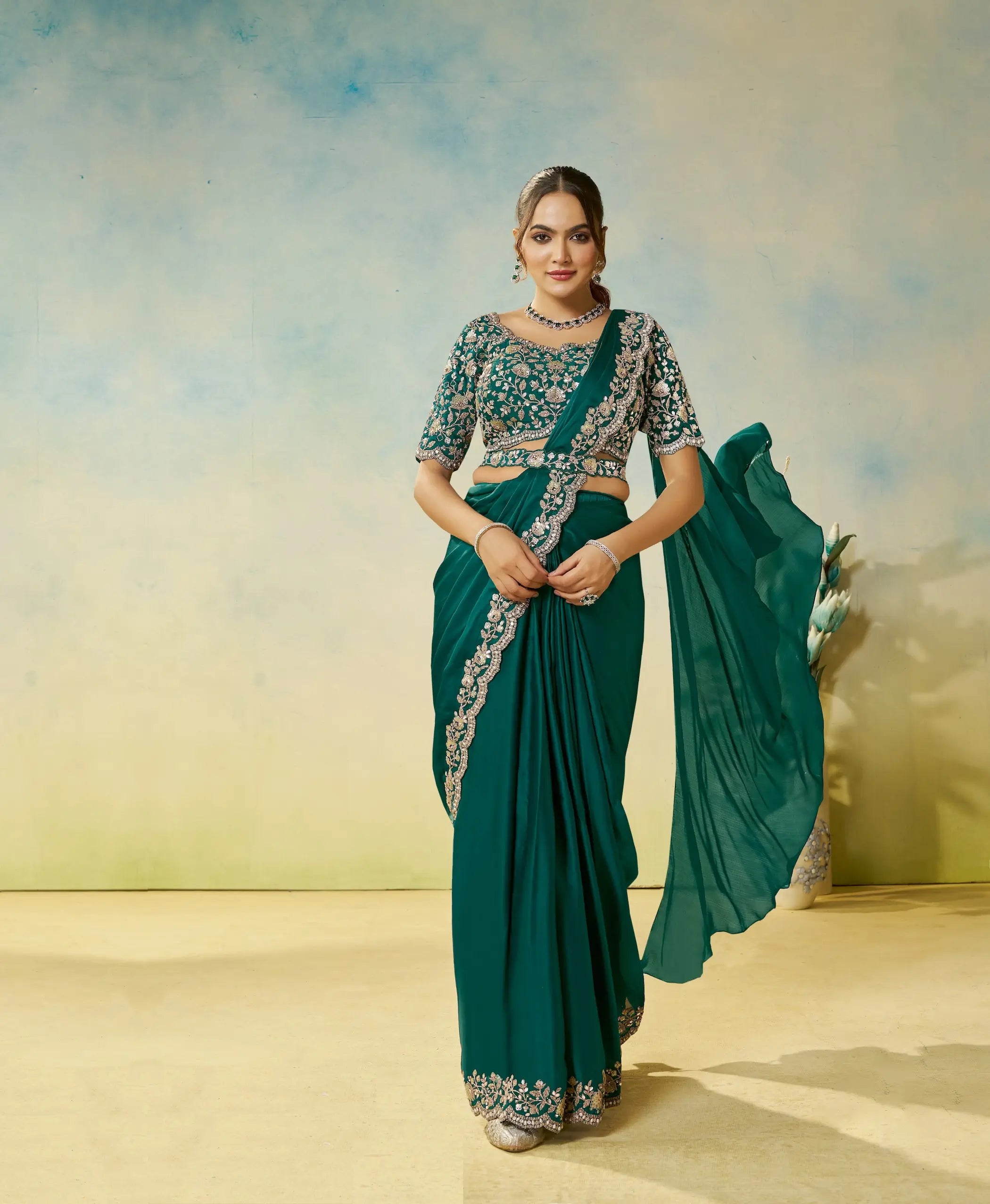 Teal Green Embroidery & Hand Work One Minute Saree - qivii