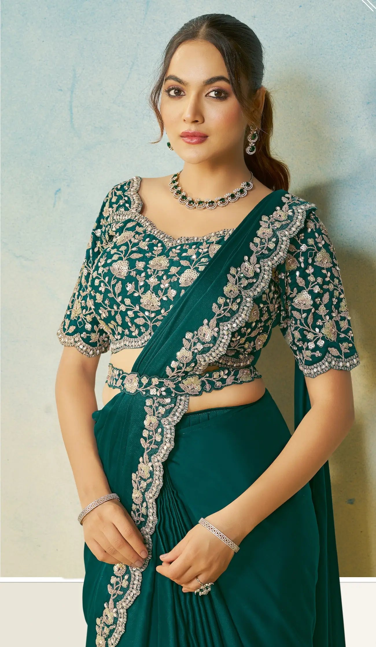 Teal Green Embroidery & Hand Work One Minute Saree - qivii