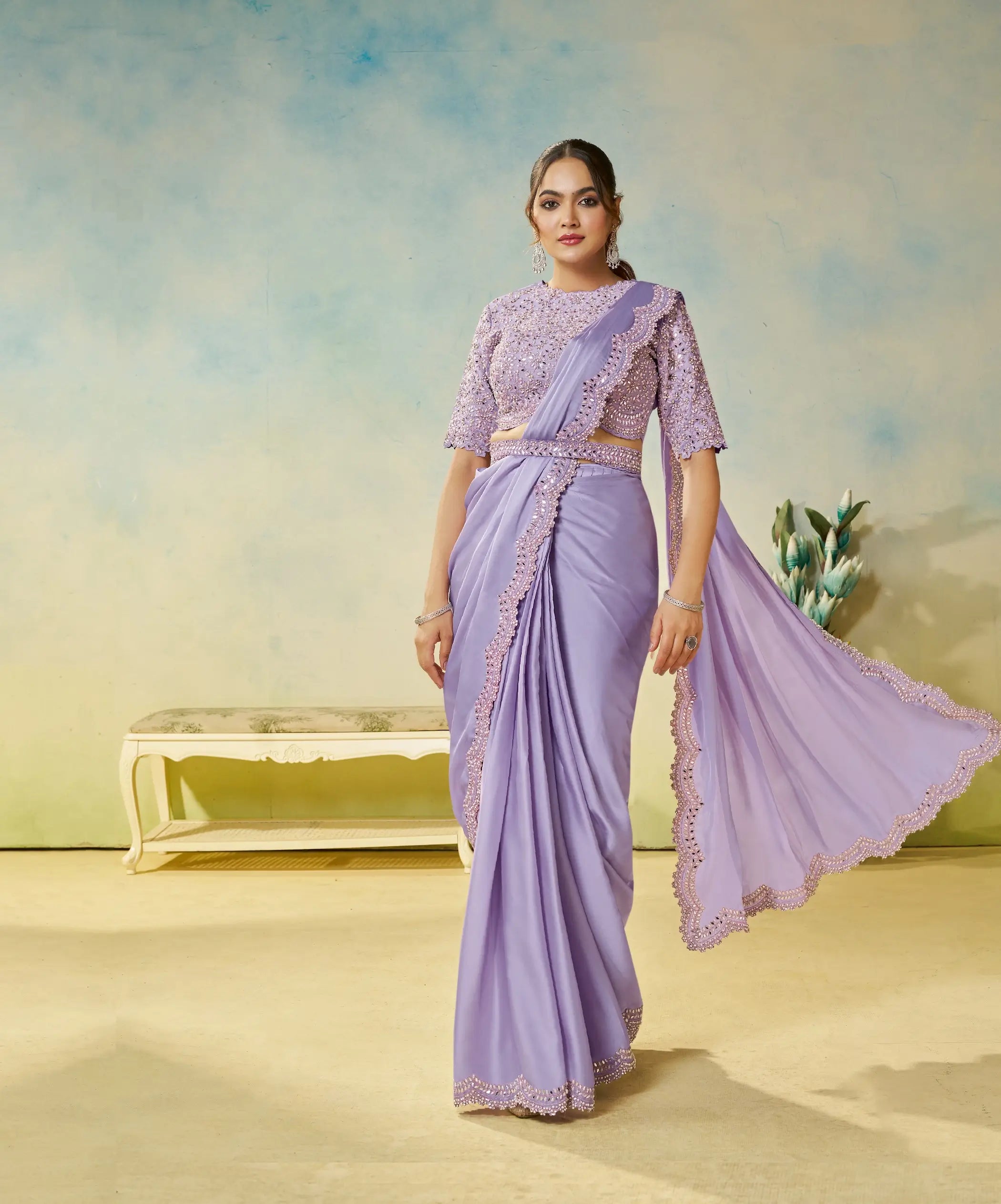 Lavender Embroidery & Hand Work One Minute Saree - qivii