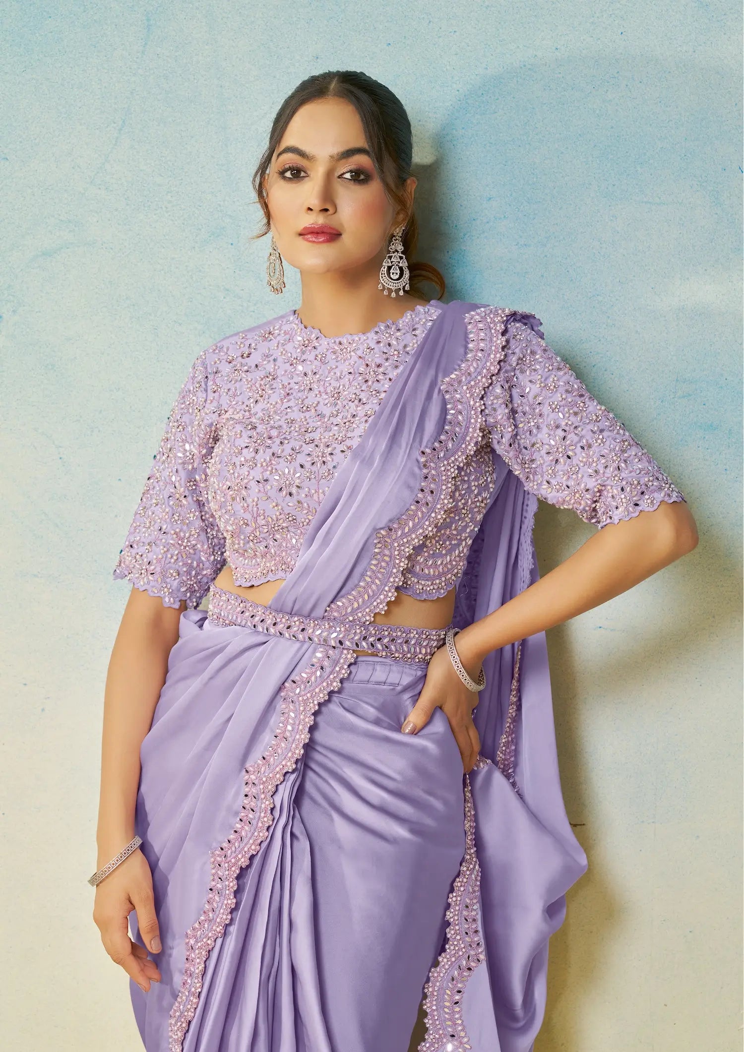 Lavender Embroidery & Hand Work One Minute Saree - qivii